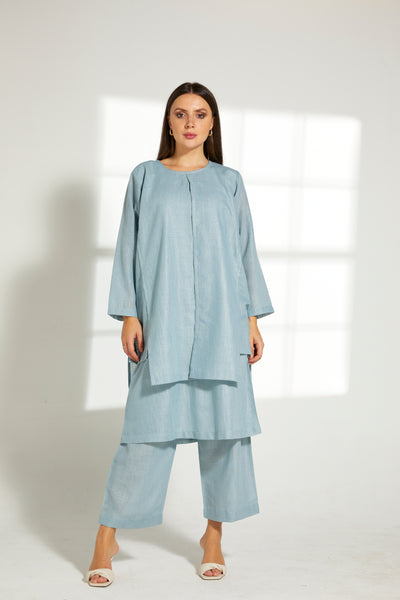 MOiSTREET turquoise Linen Fabric With  Top and Pants Set (7822085652707)