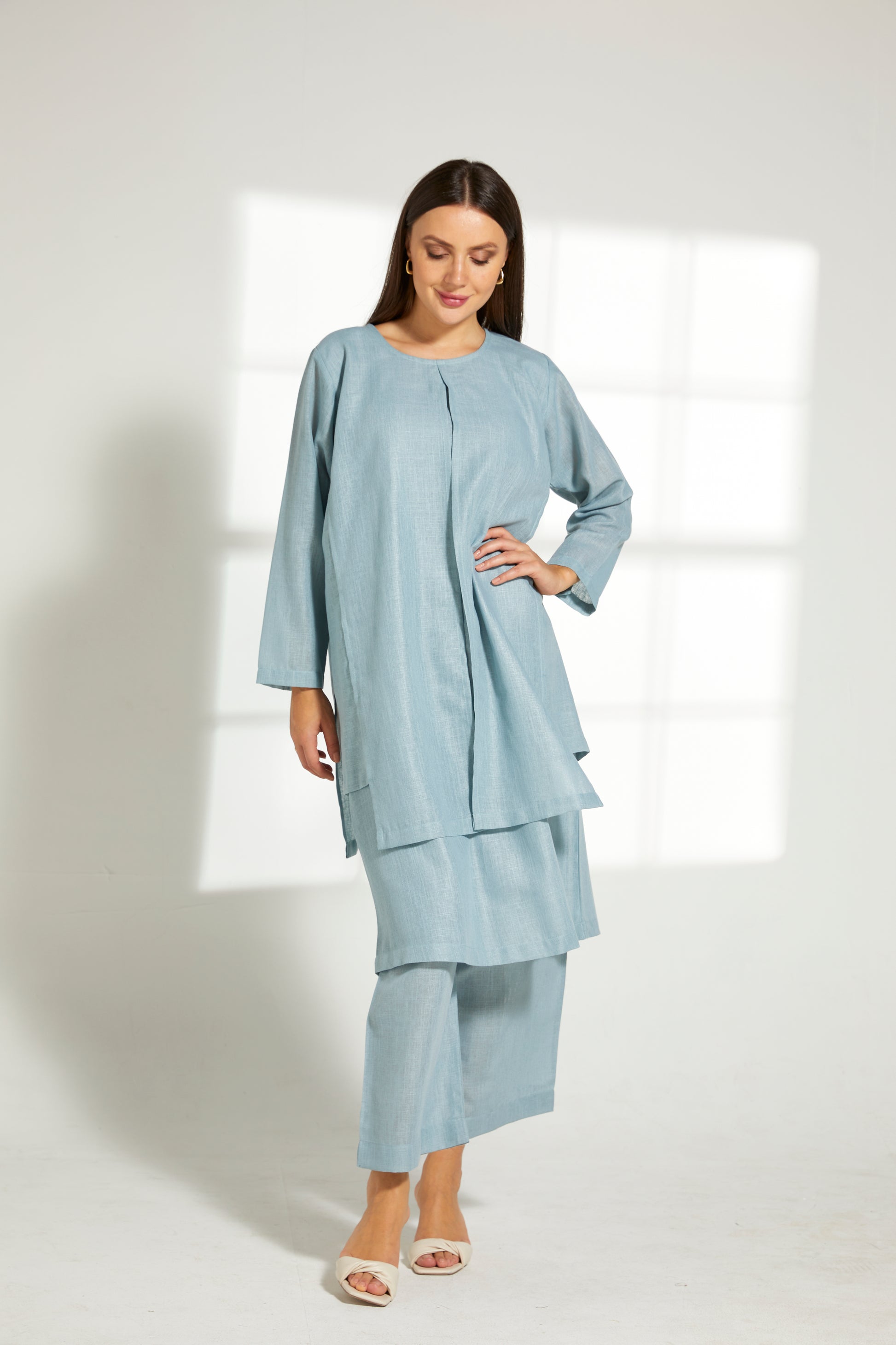 MOiSTREET turquoise Linen Fabric With  Top and Pants Set (7822085652707)