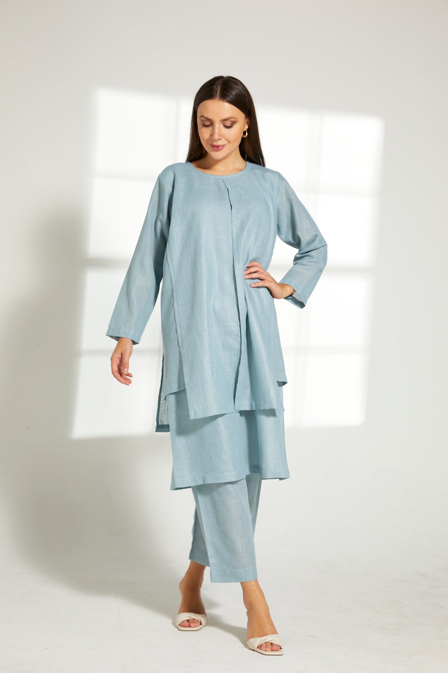 MOiSTREET turquoise Linen Fabric With  Top and Pants Set (7822085652707)