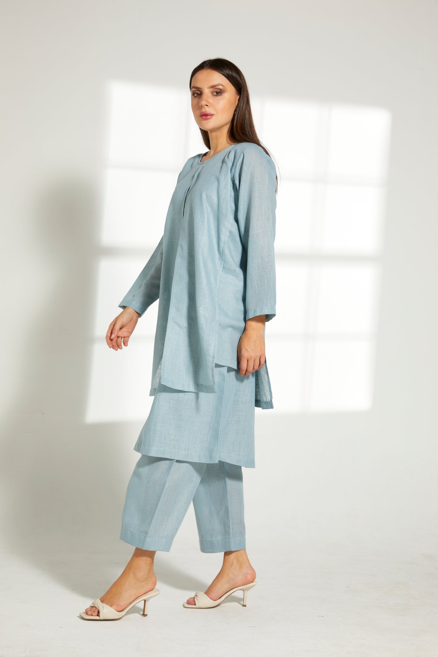 MOiSTREET turquoise Linen Fabric With  Top and Pants Set (7822085652707)