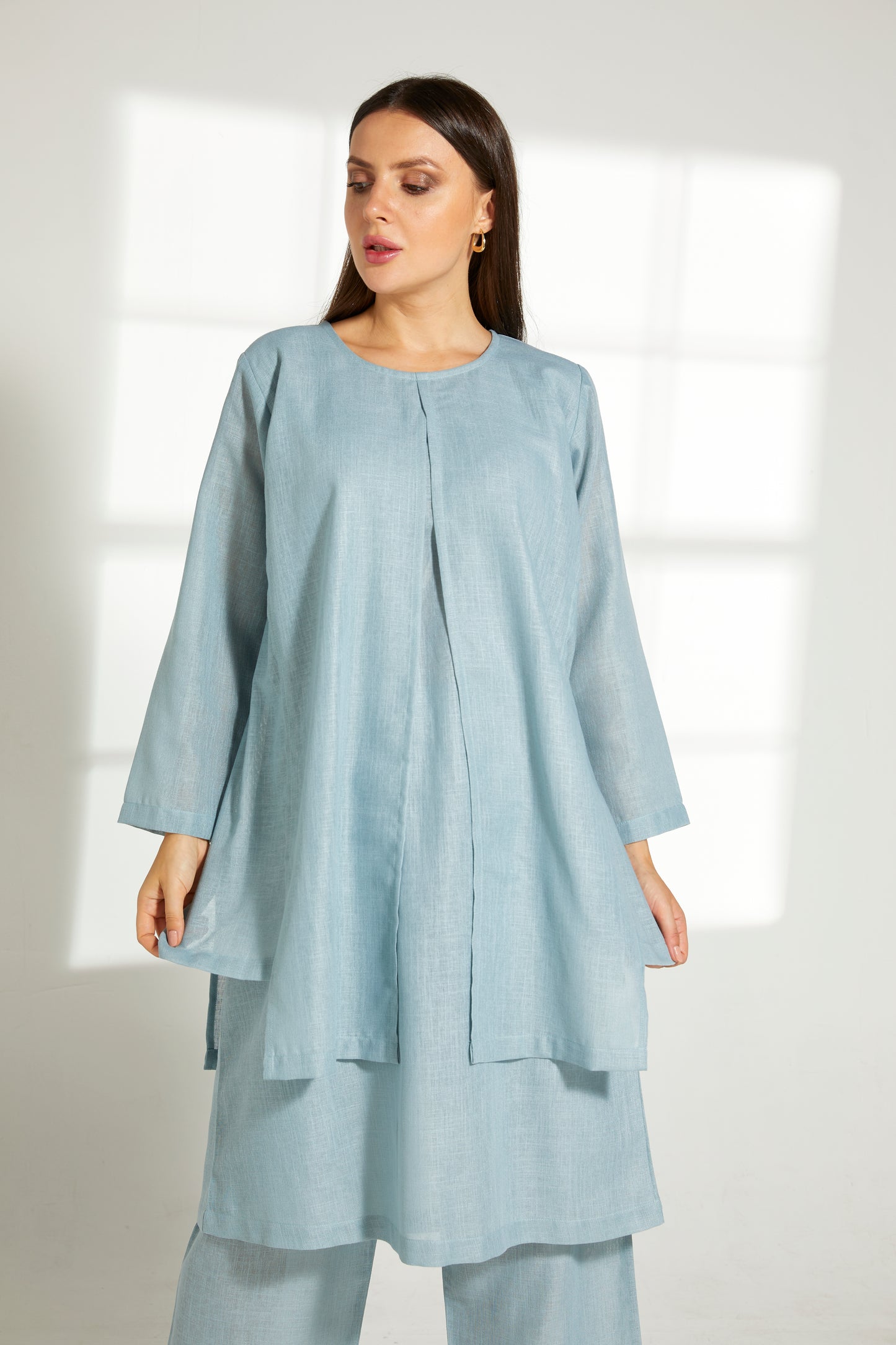 MOiSTREET turquoise Linen Fabric With  Top and Pants Set (7822085652707)