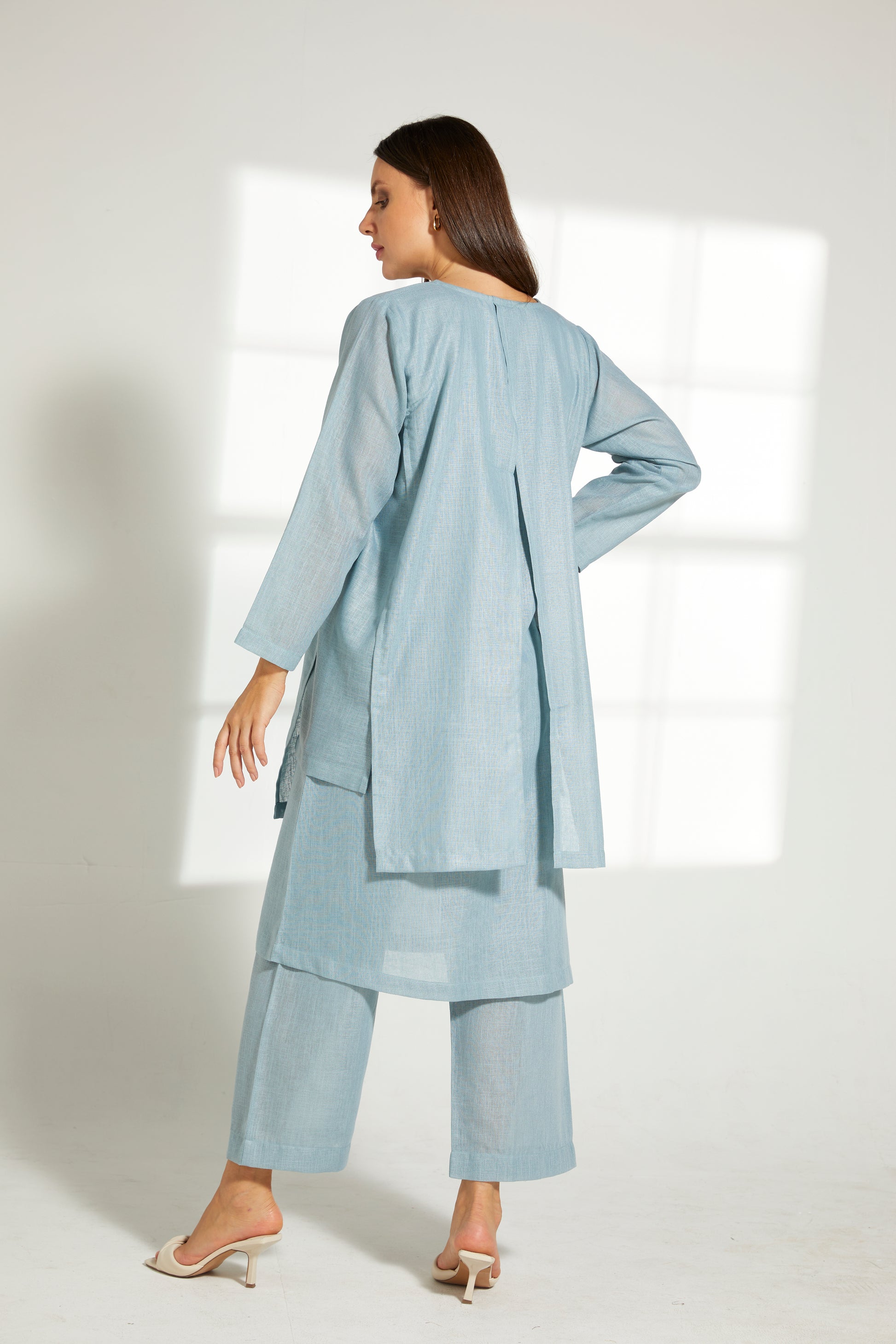 MOiSTREET turquoise Linen Fabric With  Top and Pants Set (7822085652707)