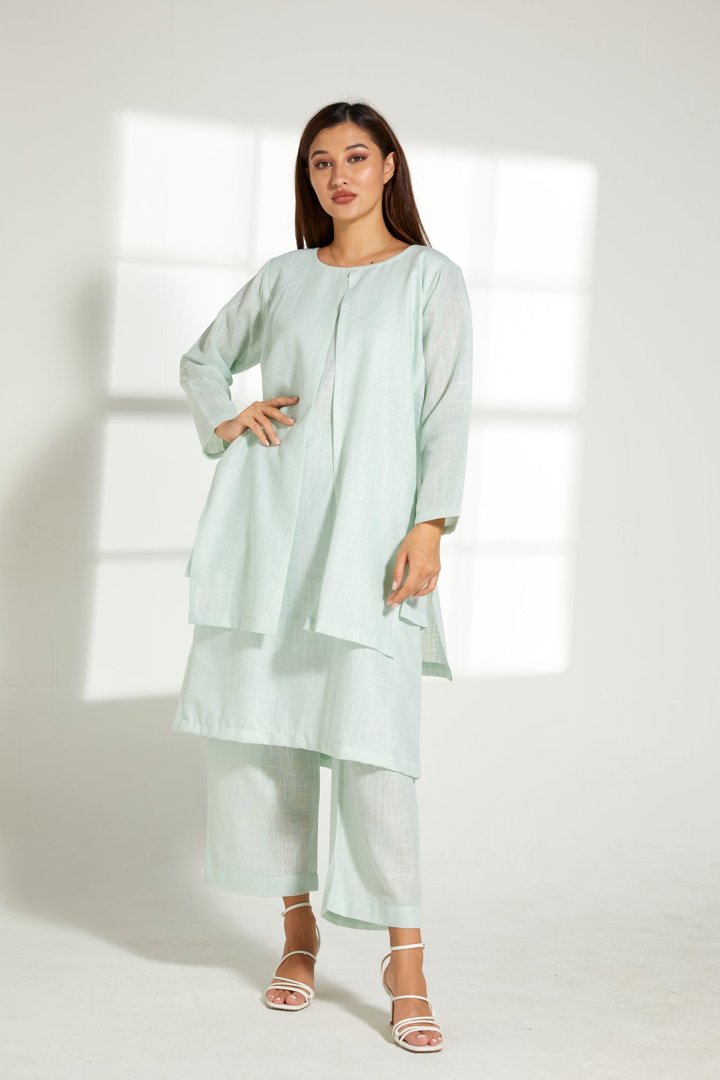 MOiSTREET Sea Green Linen Fabric With  Top and Pants Set (7822031421667)