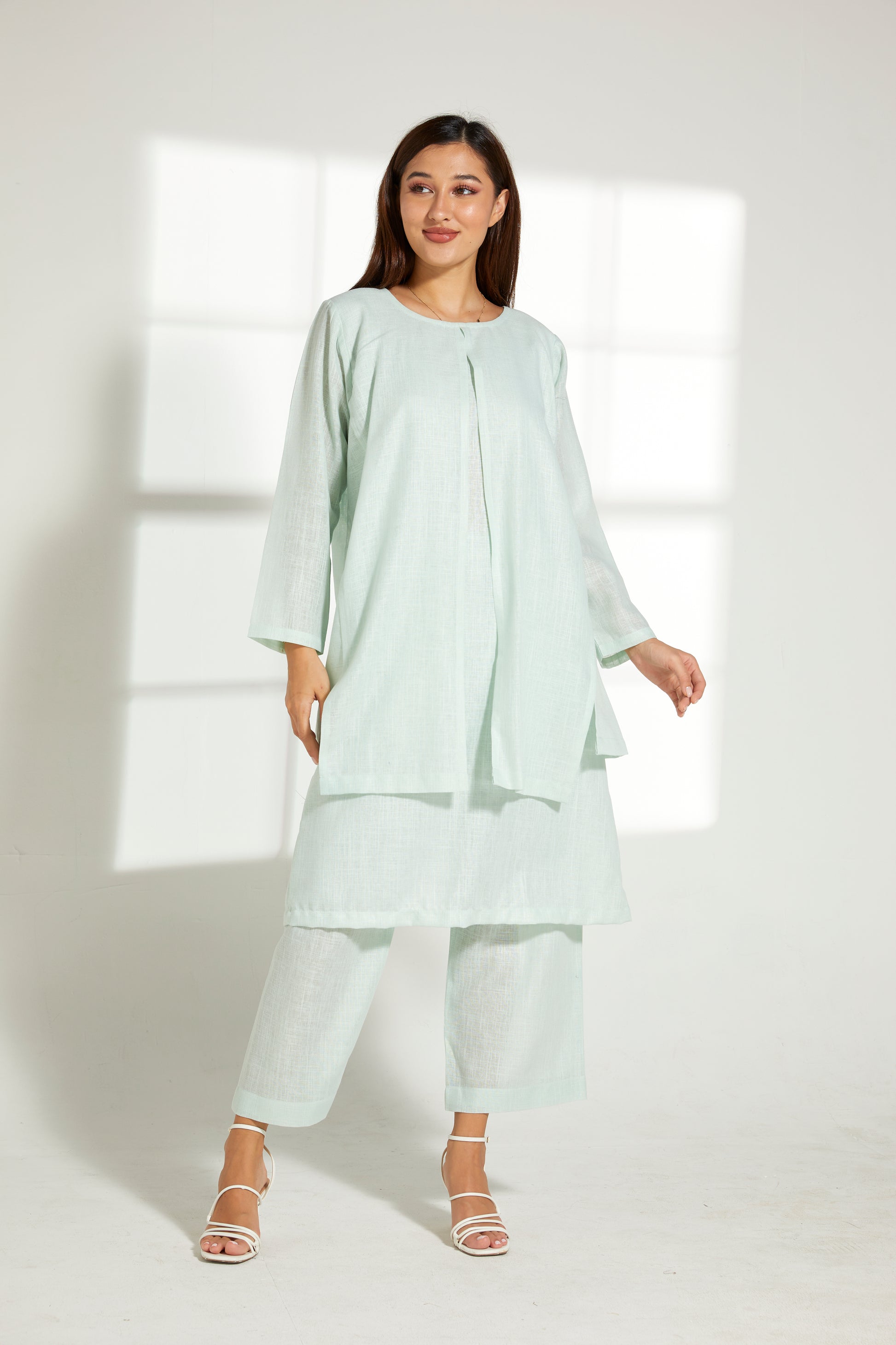 MOiSTREET Sea Green Linen Fabric With  Top and Pants Set (7822031421667)