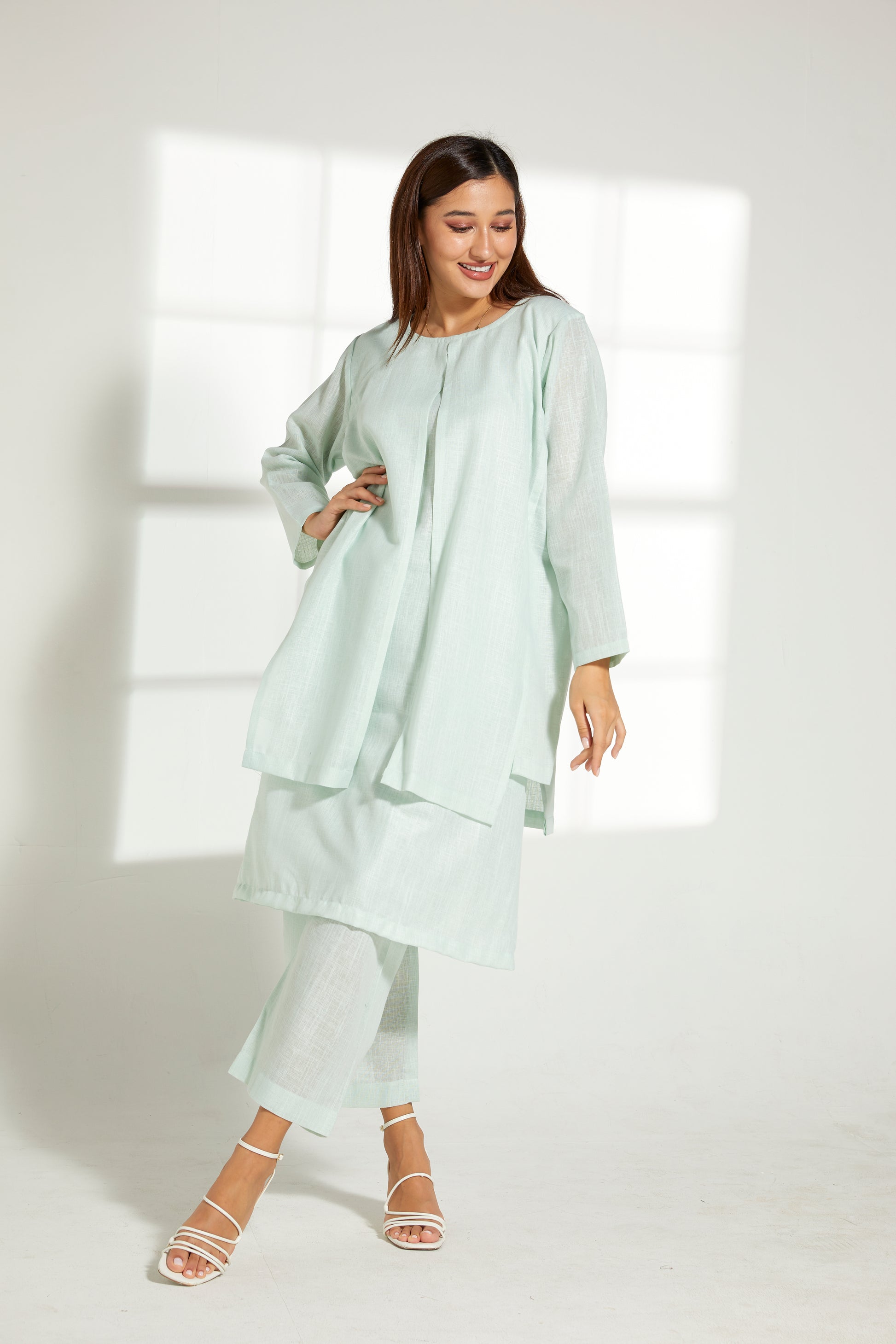 MOiSTREET Sea Green Linen Fabric With  Top and Pants Set (7822031421667)