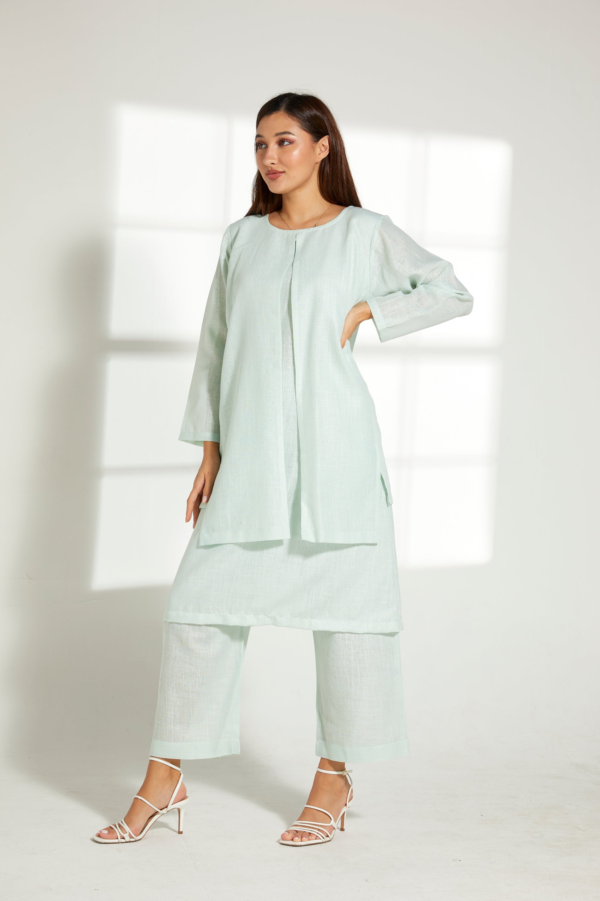 MOiSTREET Sea Green Linen Fabric With  Top and Pants Set (7822031421667)