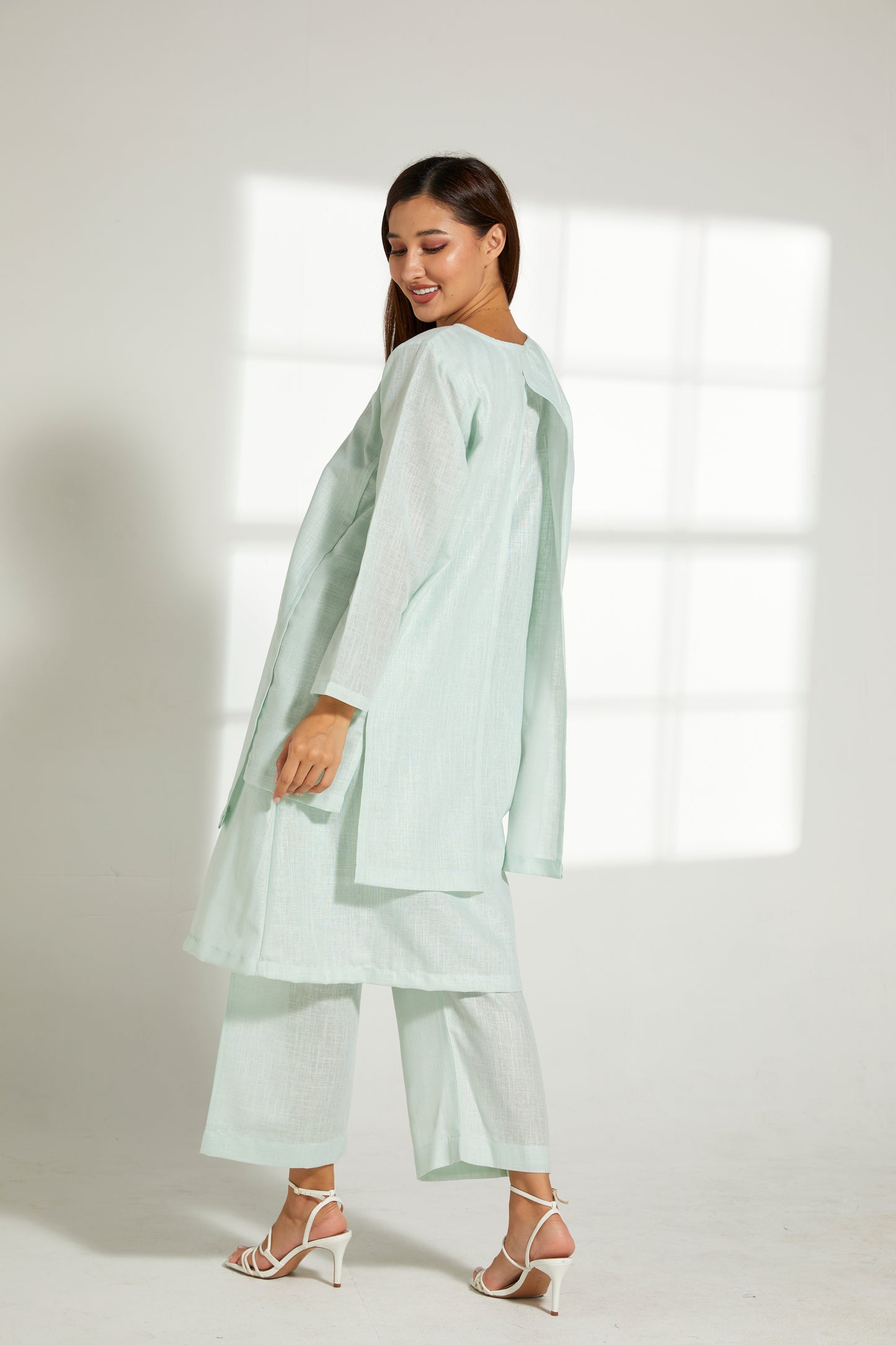 MOiSTREET Sea Green Linen Fabric With  Top and Pants Set (7822031421667)