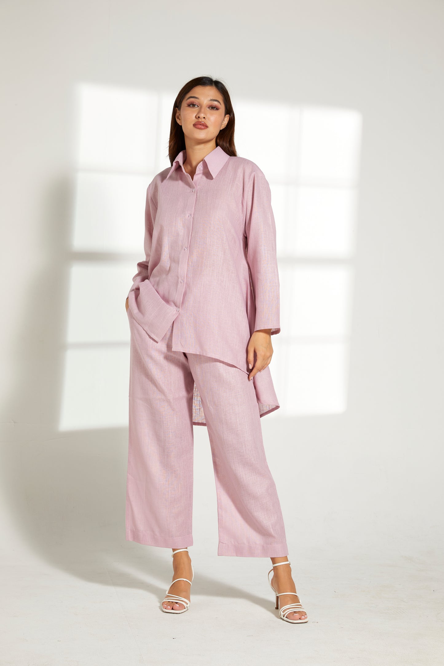 MOiSTREET Pink Linen Fabric With  Top and Pants Set (7822122516707)