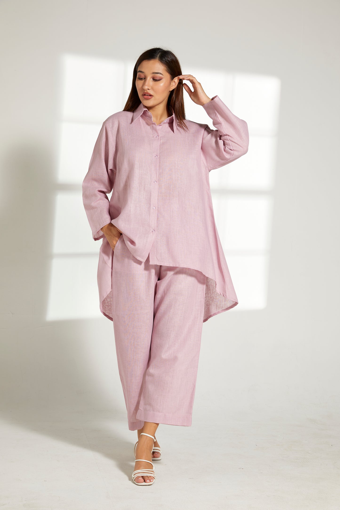 MOiSTREET Pink Linen Fabric With  Top and Pants Set (7822122516707)