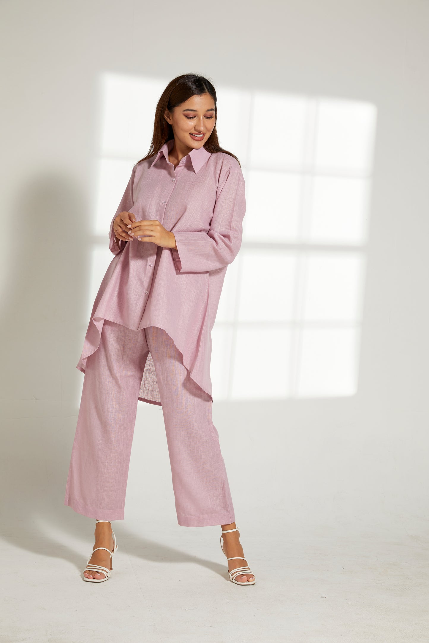 MOiSTREET Pink Linen Fabric With  Top and Pants Set (7822122516707)