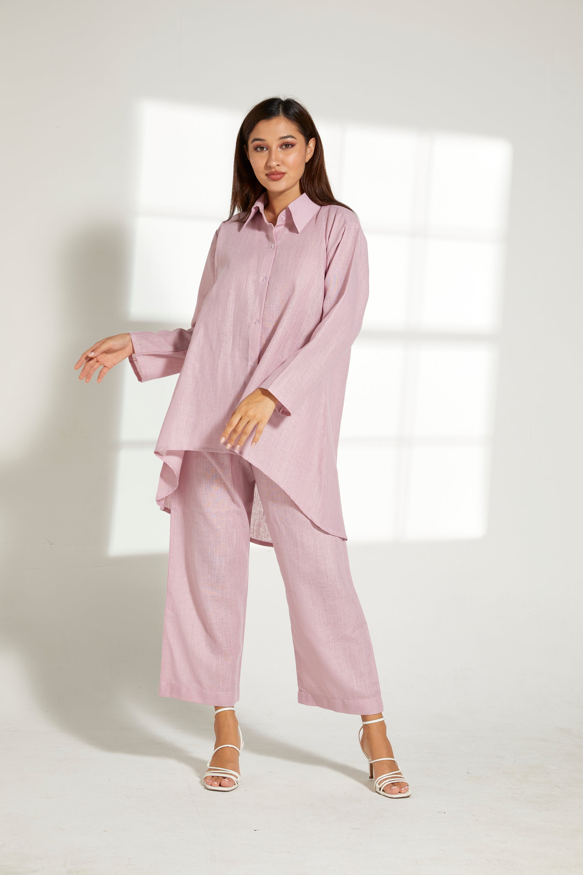 MOiSTREET Pink Linen Fabric With  Top and Pants Set (7822122516707)