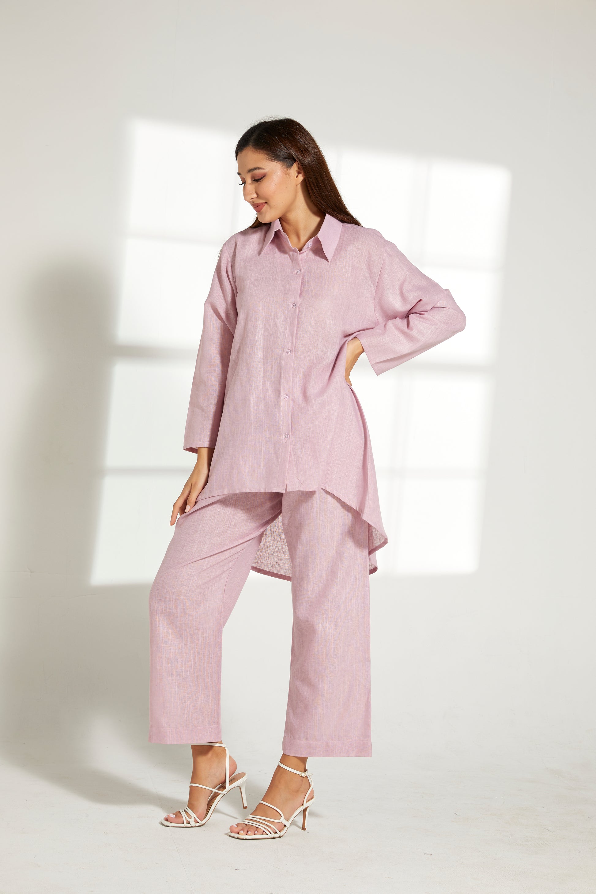 MOiSTREET Pink Linen Fabric With  Top and Pants Set (7822122516707)