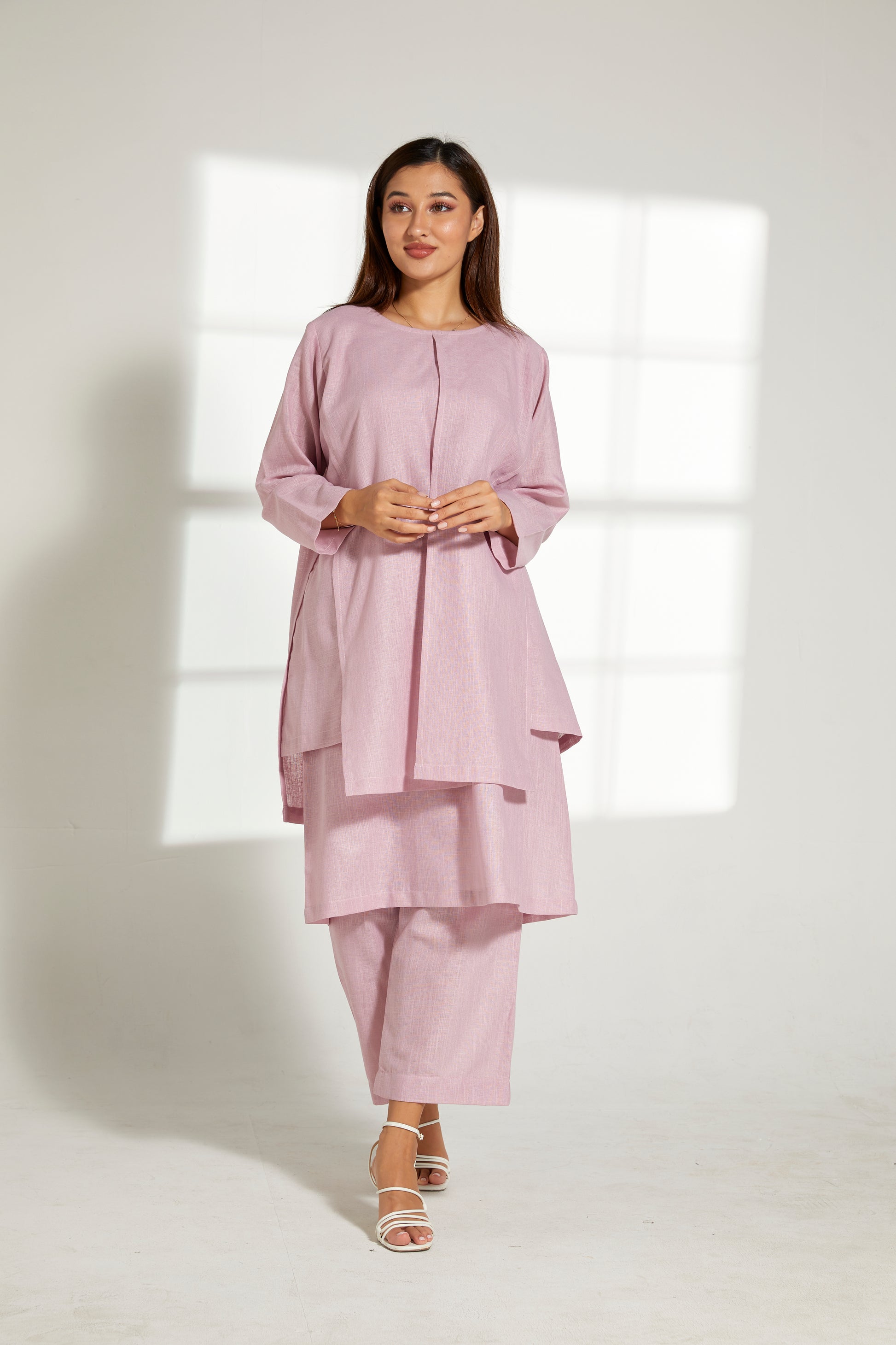 MOiSTREET Pink Linen Fabric With  Top and Pants Set (7822016905443)