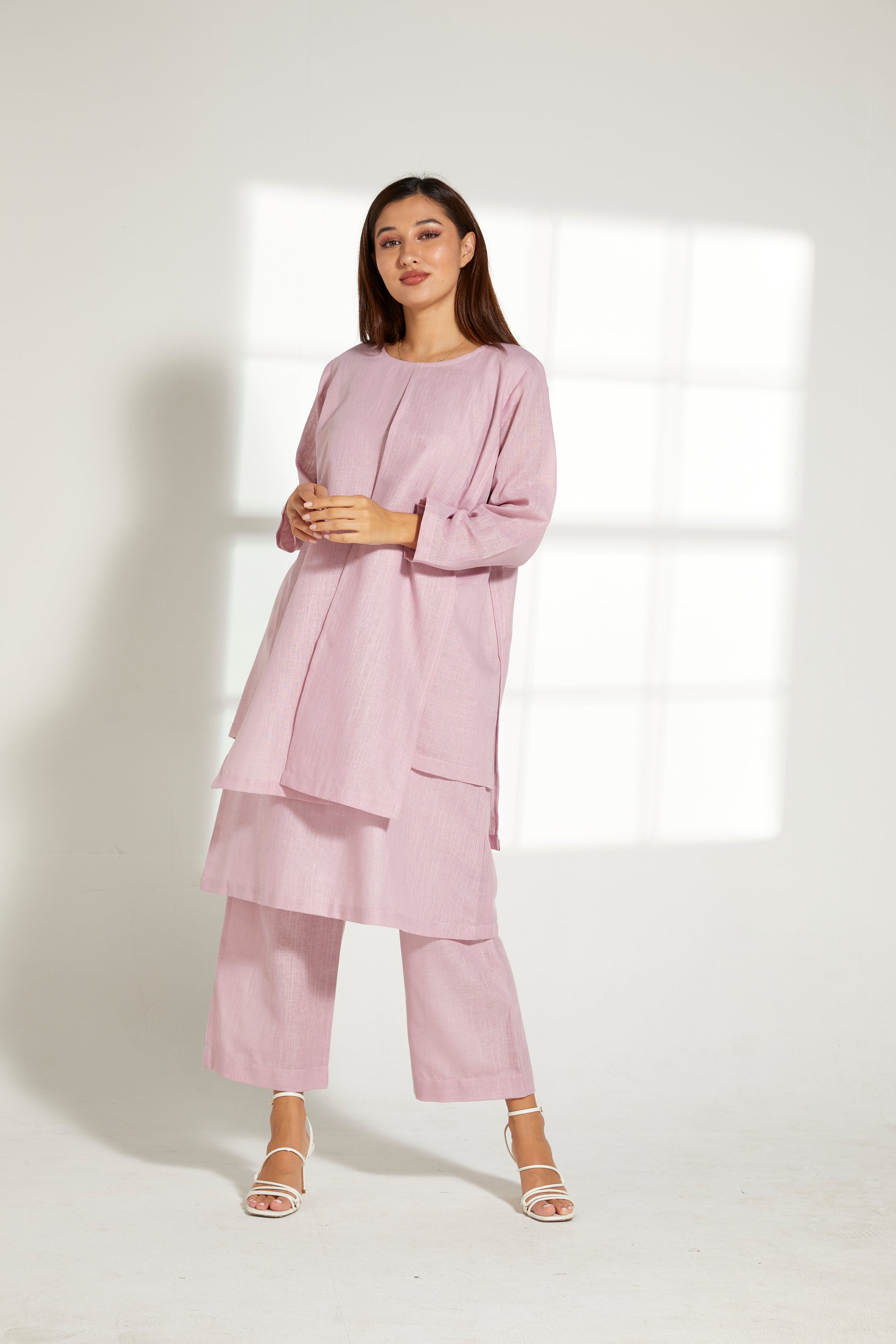 MOiSTREET Pink Linen Fabric With  Top and Pants Set (7822016905443)