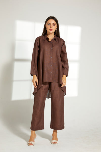 MOiSTREET Brown Linen Fabric With  Top and Pants Set (7822113898723)