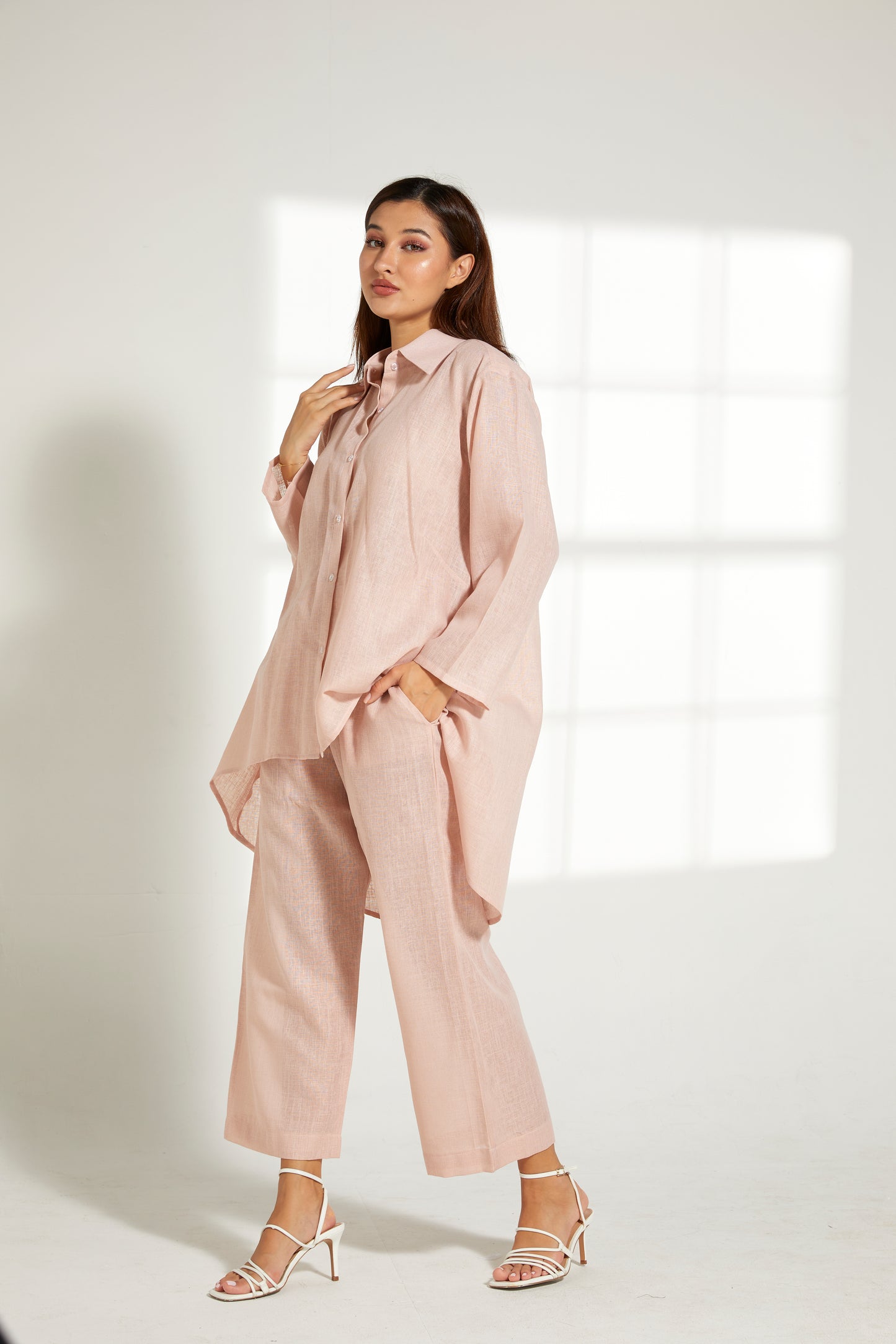 MOiSTREET Peach Linen Fabric With  Top and Pants Set (7822110687459)