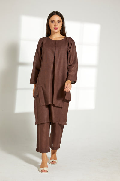 MOiSTREET Brown Linen Fabric With  Top and Pants Set (7822012252387)