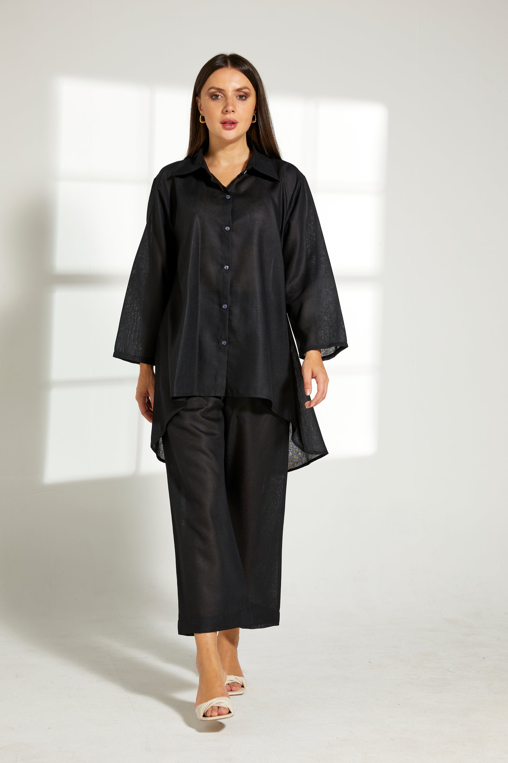 MOiSTREET Black Linen Fabric With  Top and Pants Set (7822105772259)