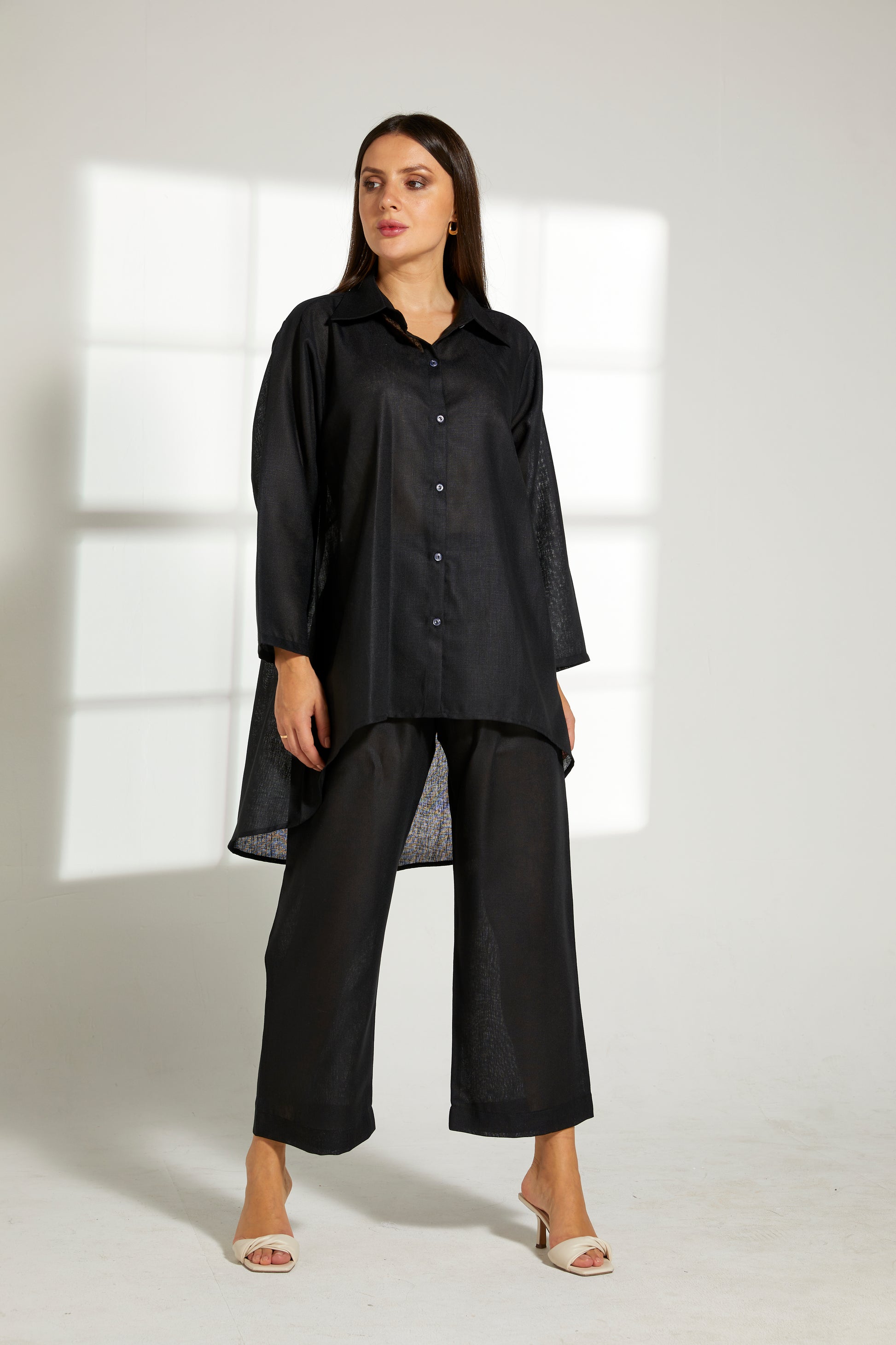 MOiSTREET Black Linen Fabric With  Top and Pants Set (7822105772259)