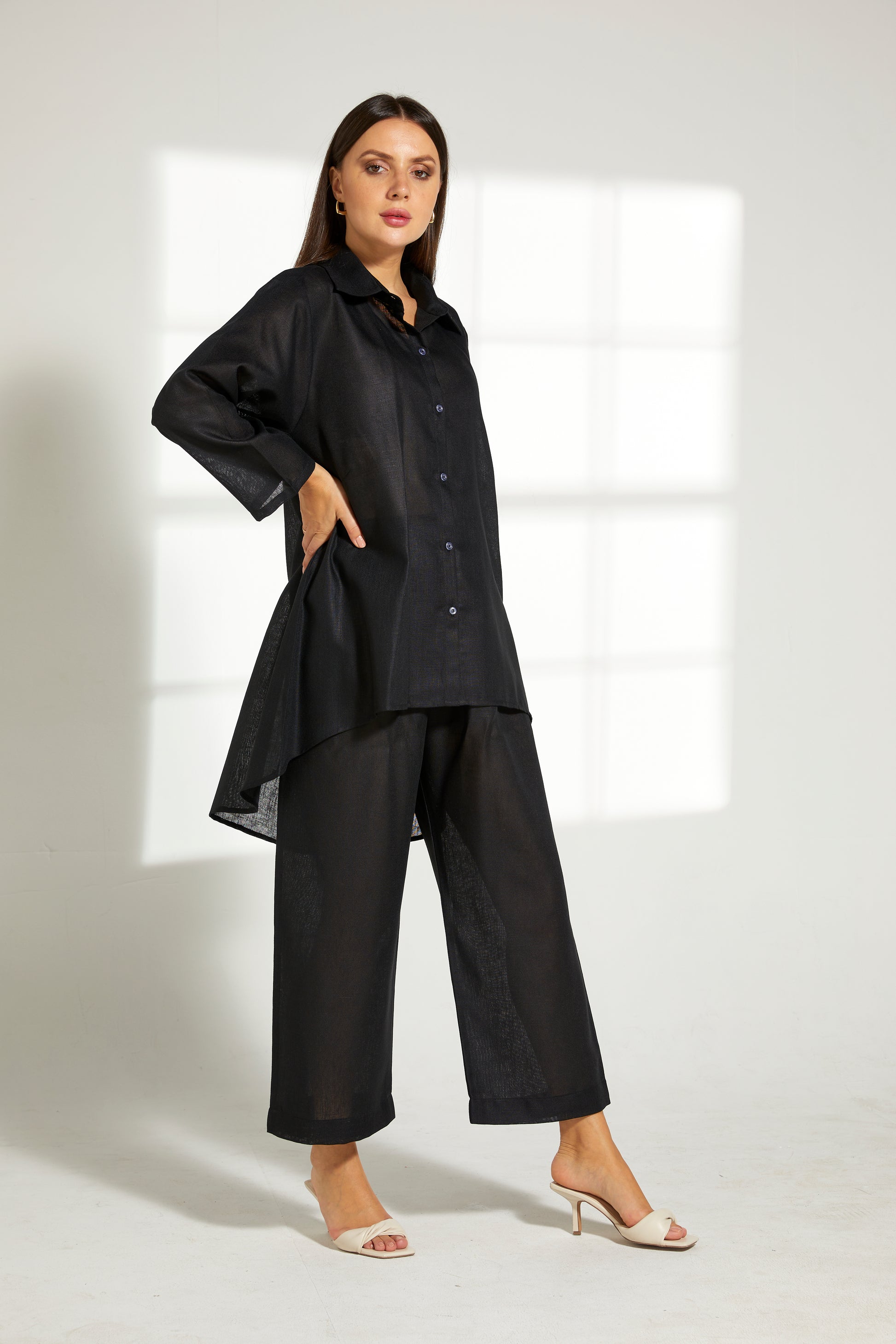 MOiSTREET Black Linen Fabric With  Top and Pants Set (7822105772259)