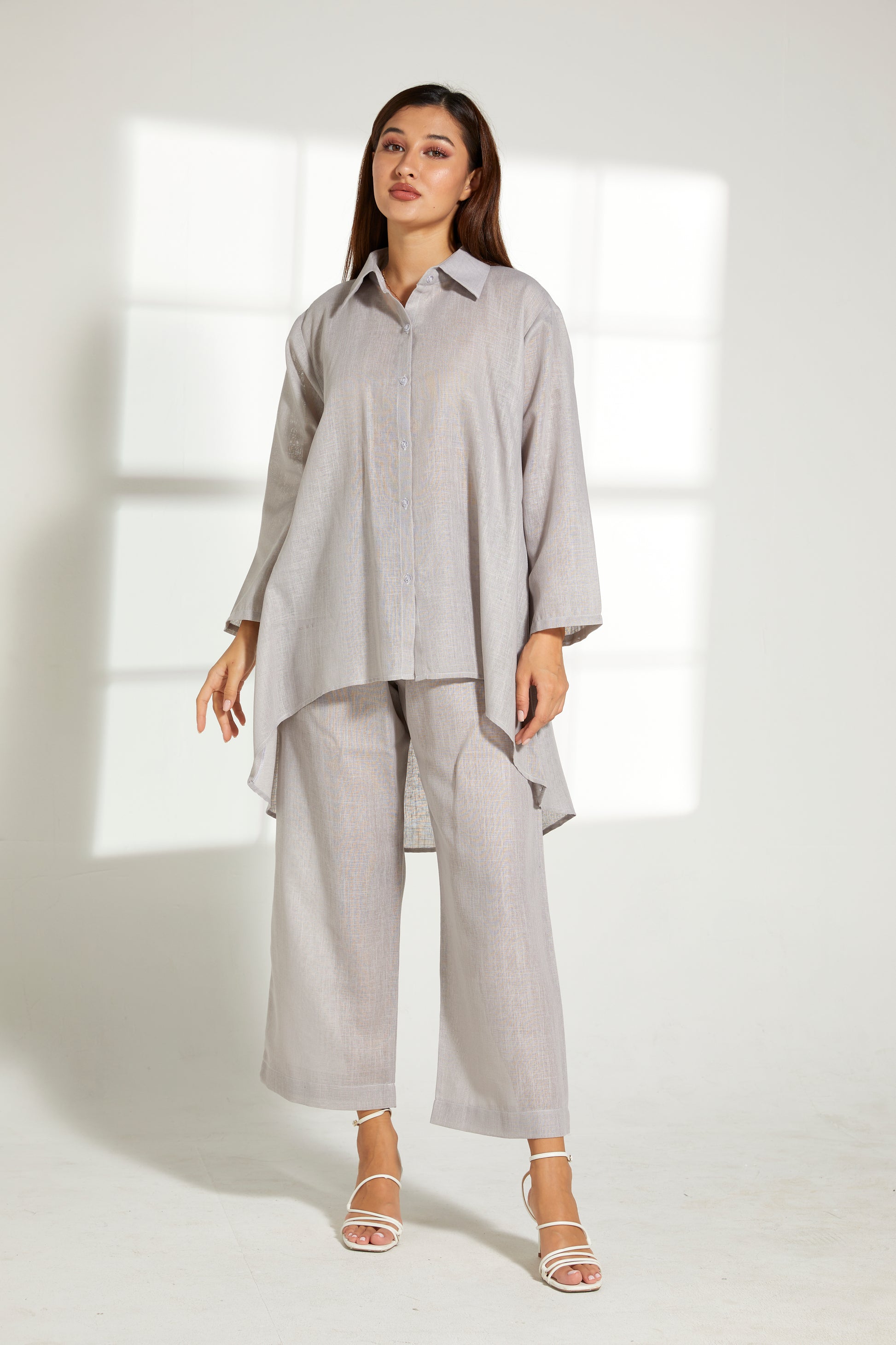 MOiSTREET Grey Linen Fabric With  Top and Pants Set (7822100496611)