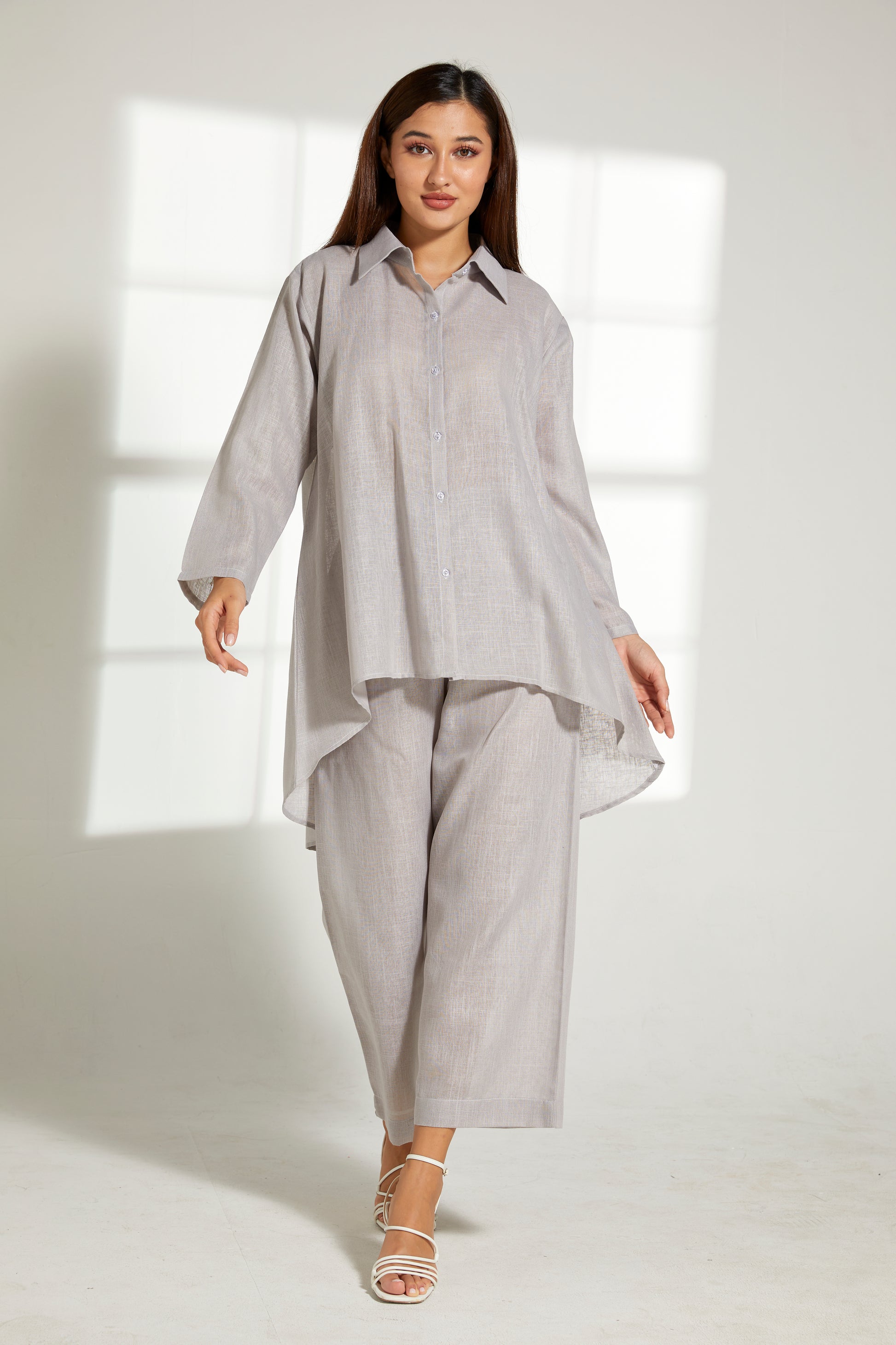 MOiSTREET Grey Linen Fabric With  Top and Pants Set (7822100496611)