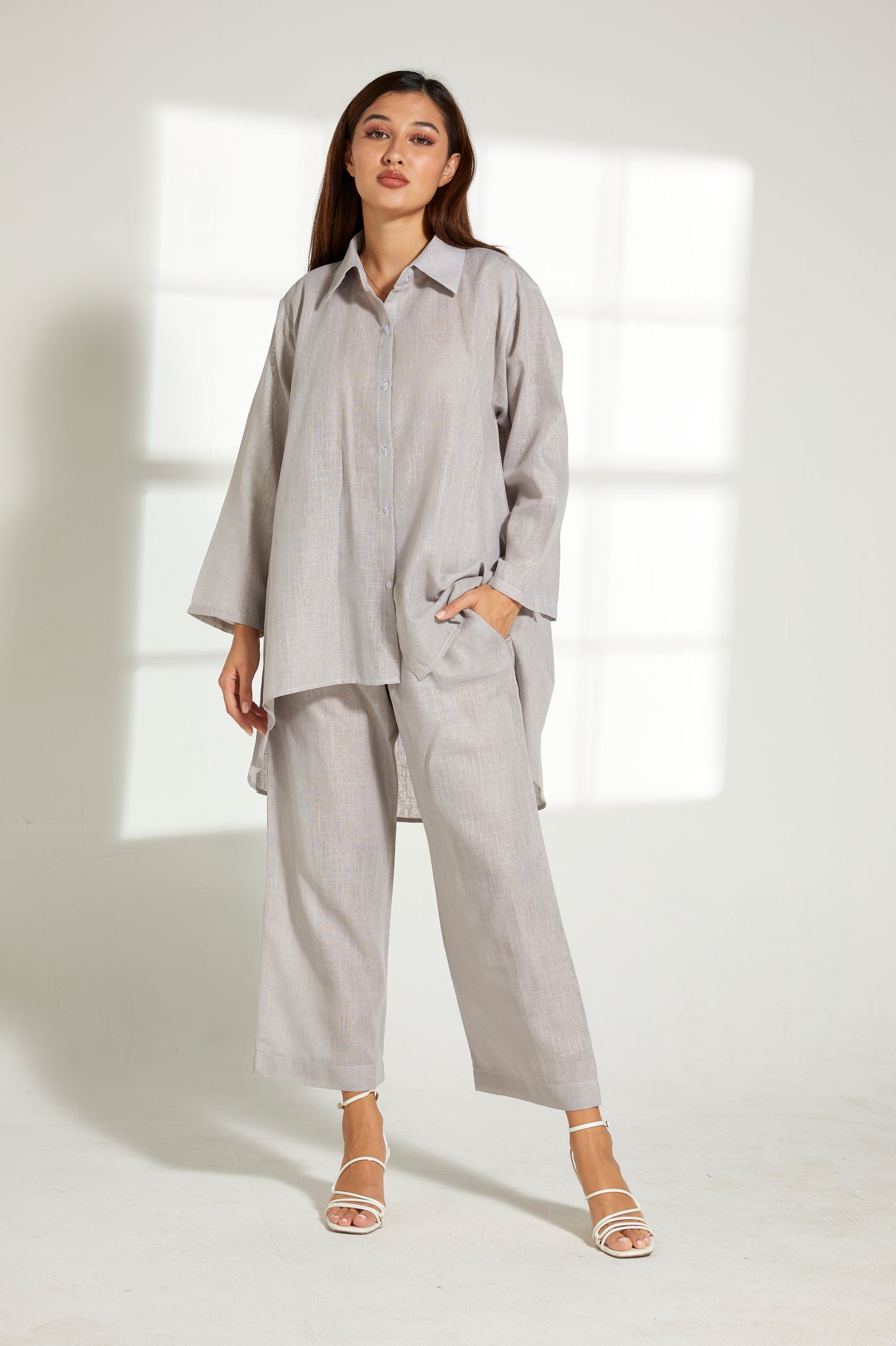 MOiSTREET Grey Linen Fabric With  Top and Pants Set (7822100496611)