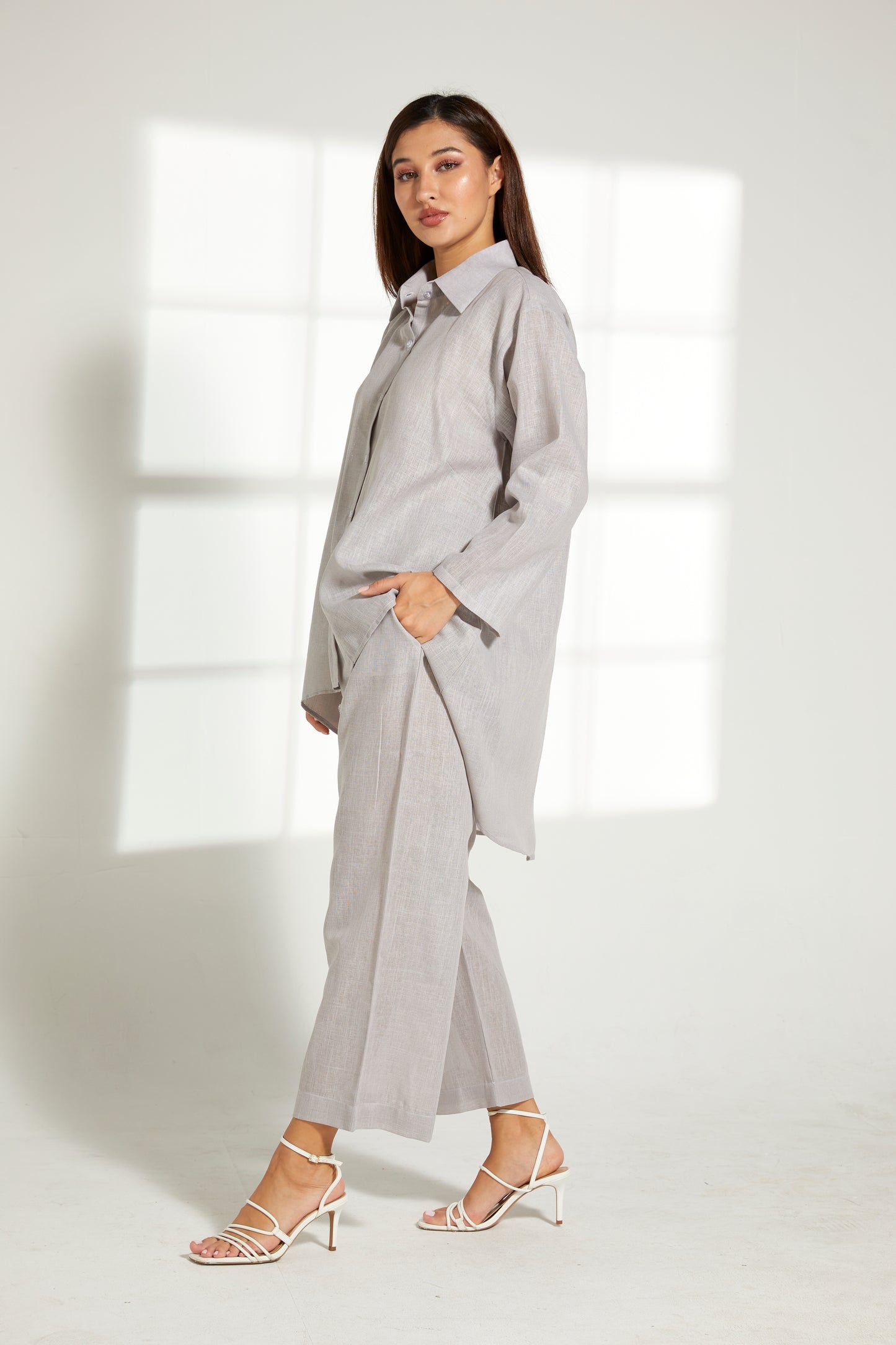 MOiSTREET Grey Linen Fabric With  Top and Pants Set (7822100496611)