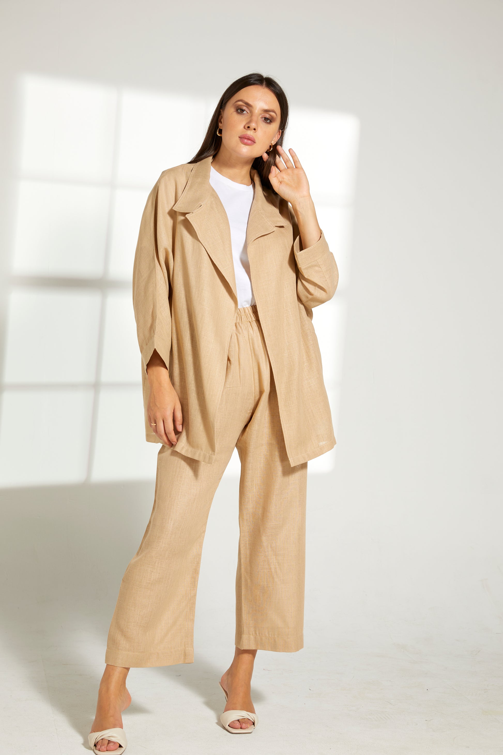 MOiSTREET Tan Linen Fabric With  Top and Pants Set (7821978042595)