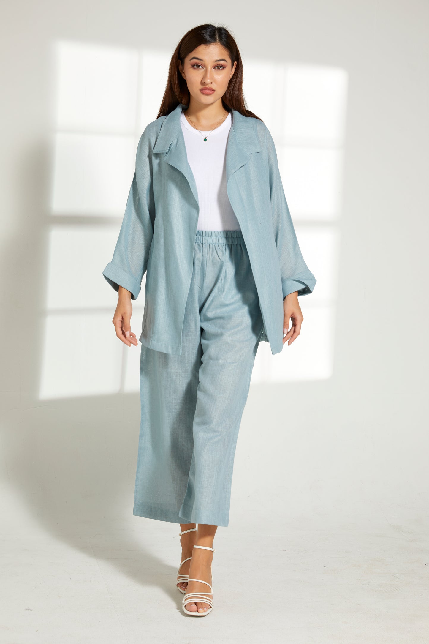 MOiSTREET Turquoise Linen Fabric With  Top and Pants Set (7821972537571)