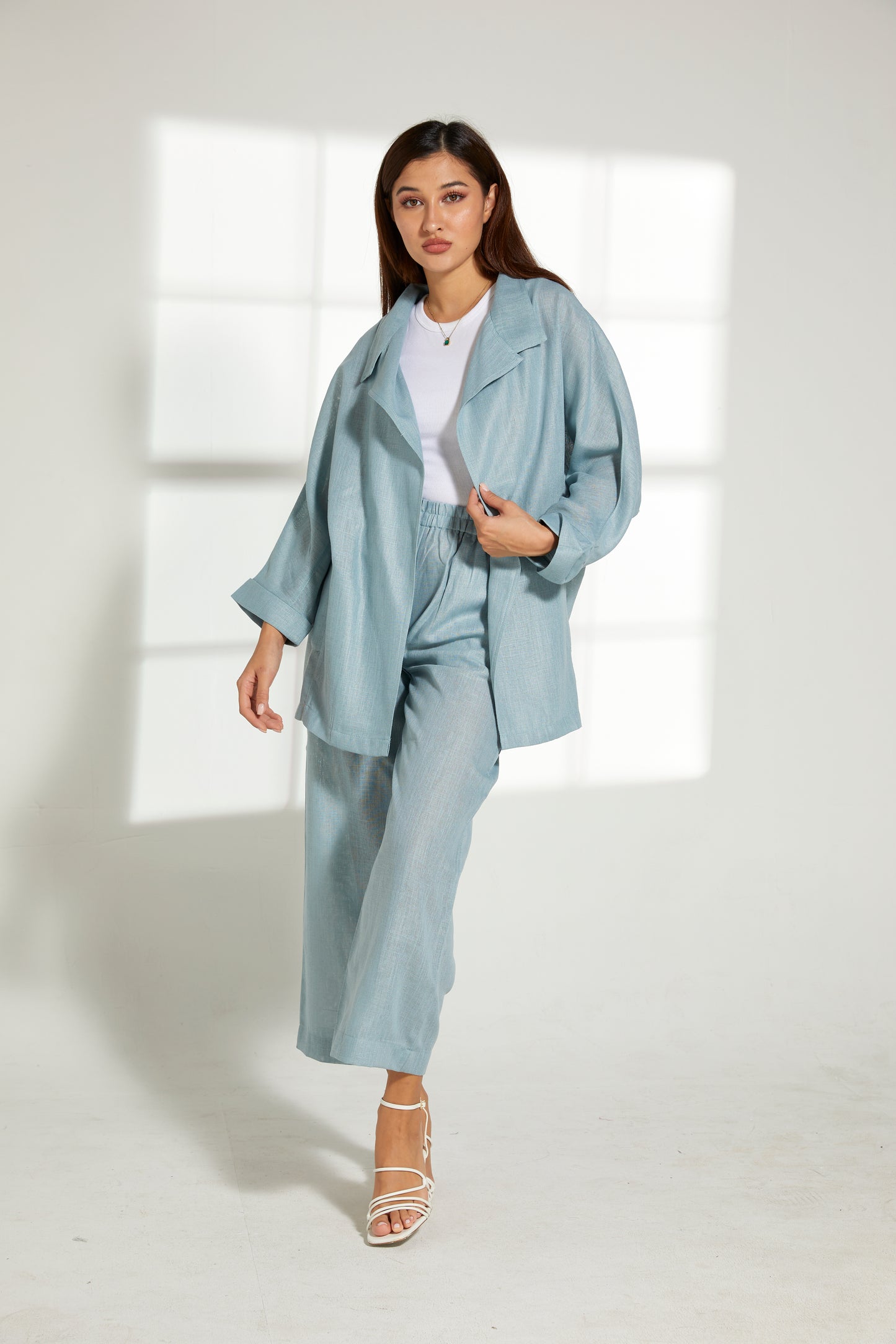 MOiSTREET Turquoise Linen Fabric With  Top and Pants Set (7821972537571)