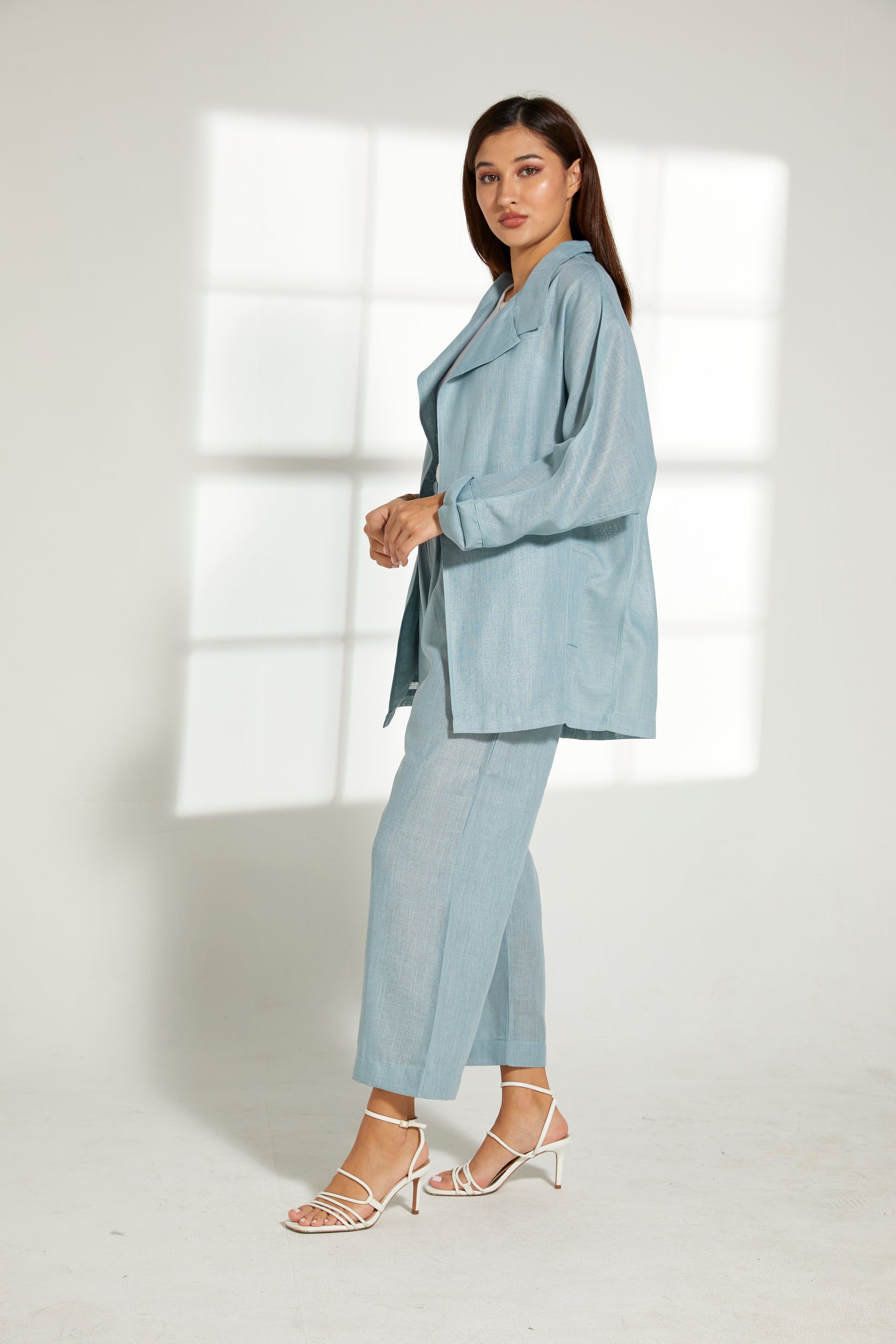 MOiSTREET Turquoise Linen Fabric With  Top and Pants Set (7821972537571)