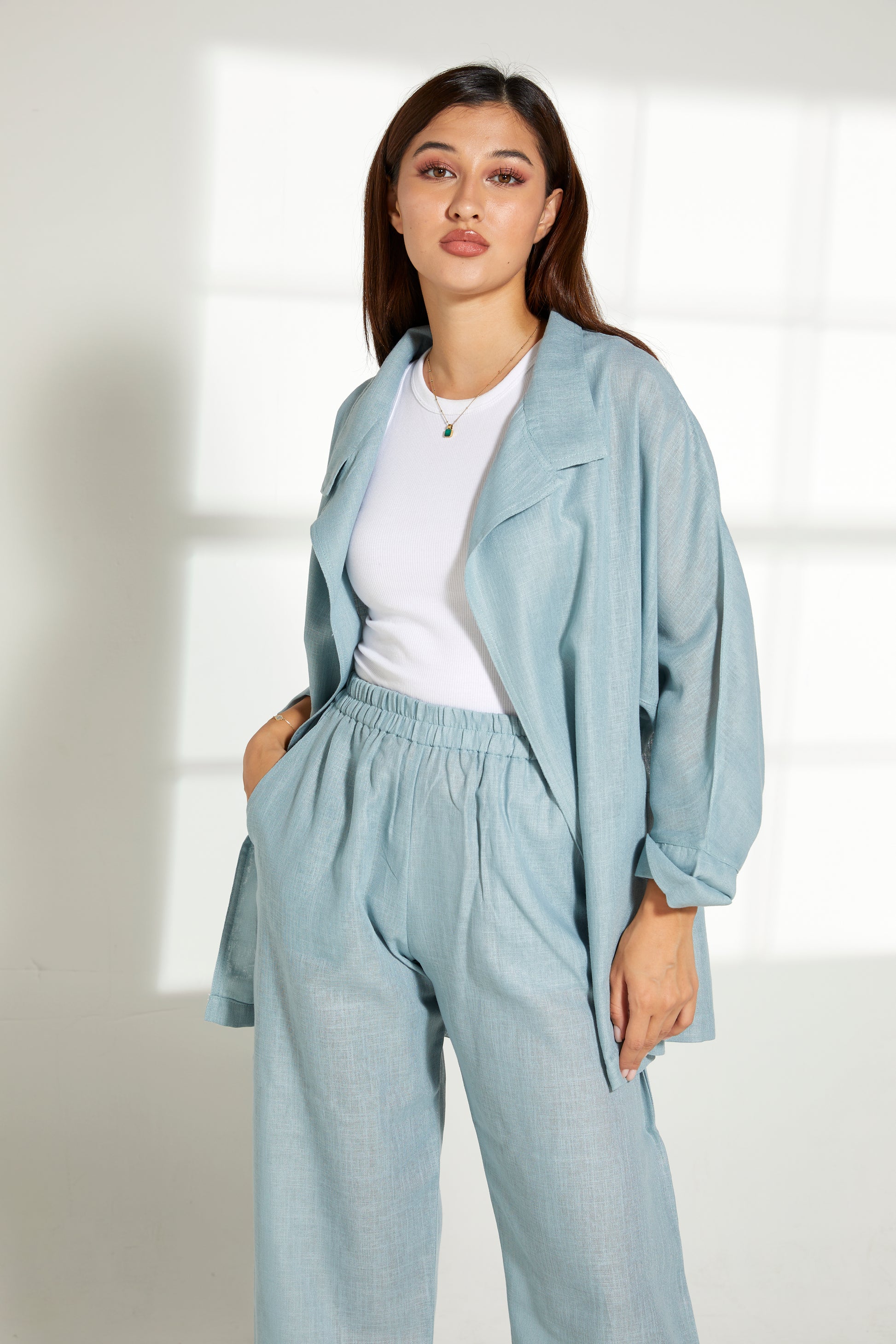 MOiSTREET Turquoise Linen Fabric With  Top and Pants Set (7821972537571)