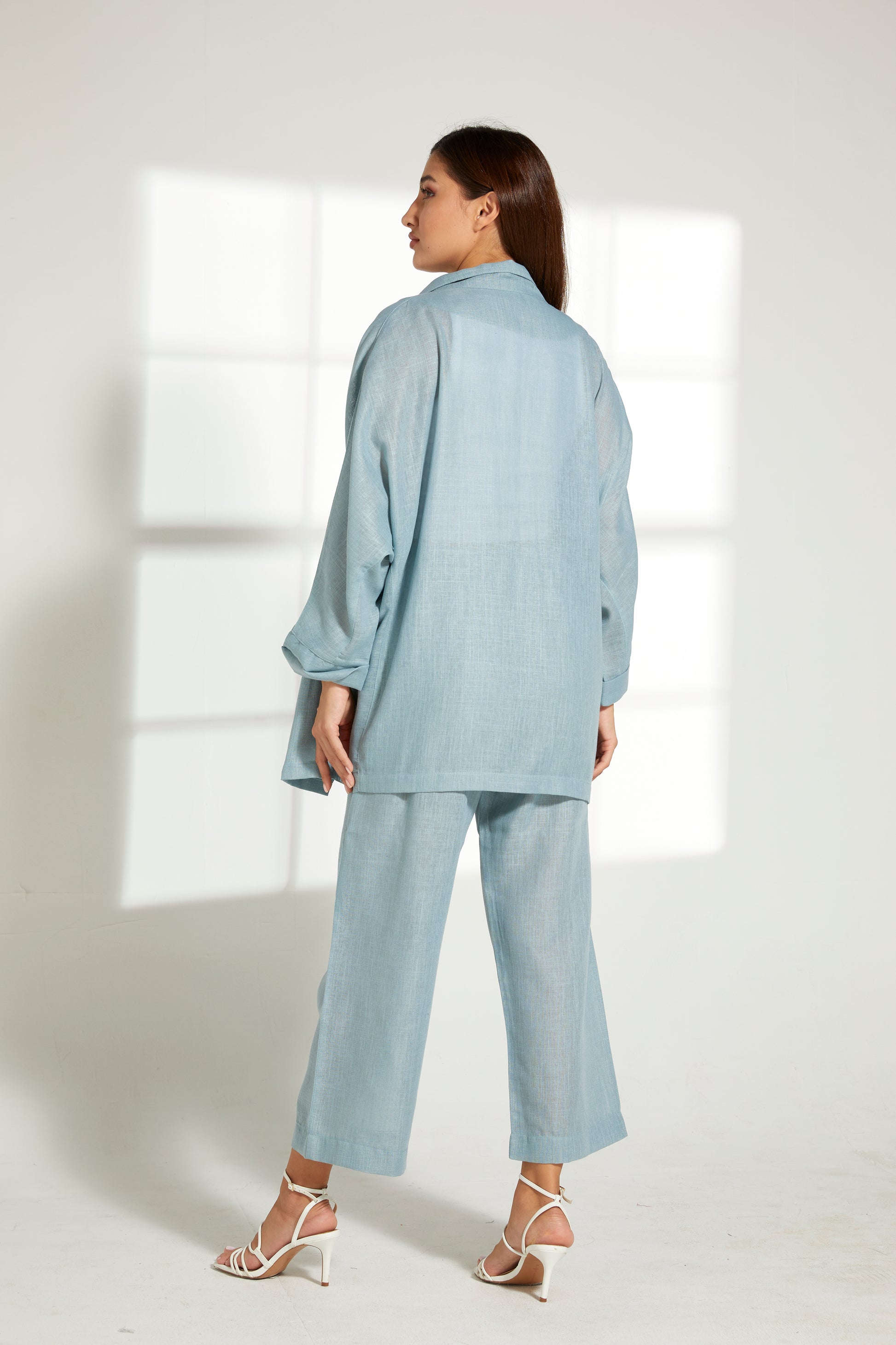 MOiSTREET Turquoise Linen Fabric With  Top and Pants Set (7821972537571)