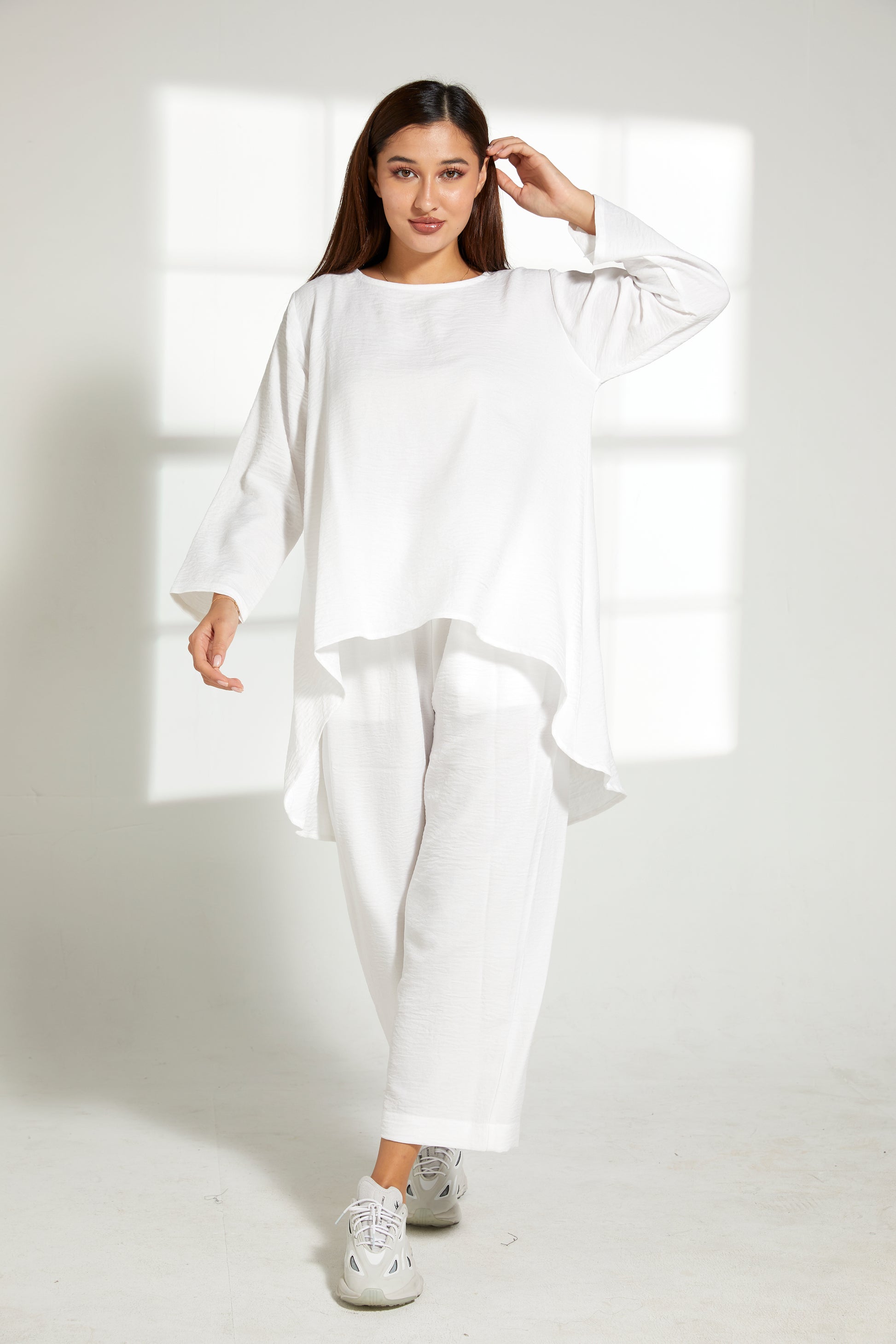 MOiSTREET White CEY Mélange Fabric With  Top And Pants Set (7821339951331)