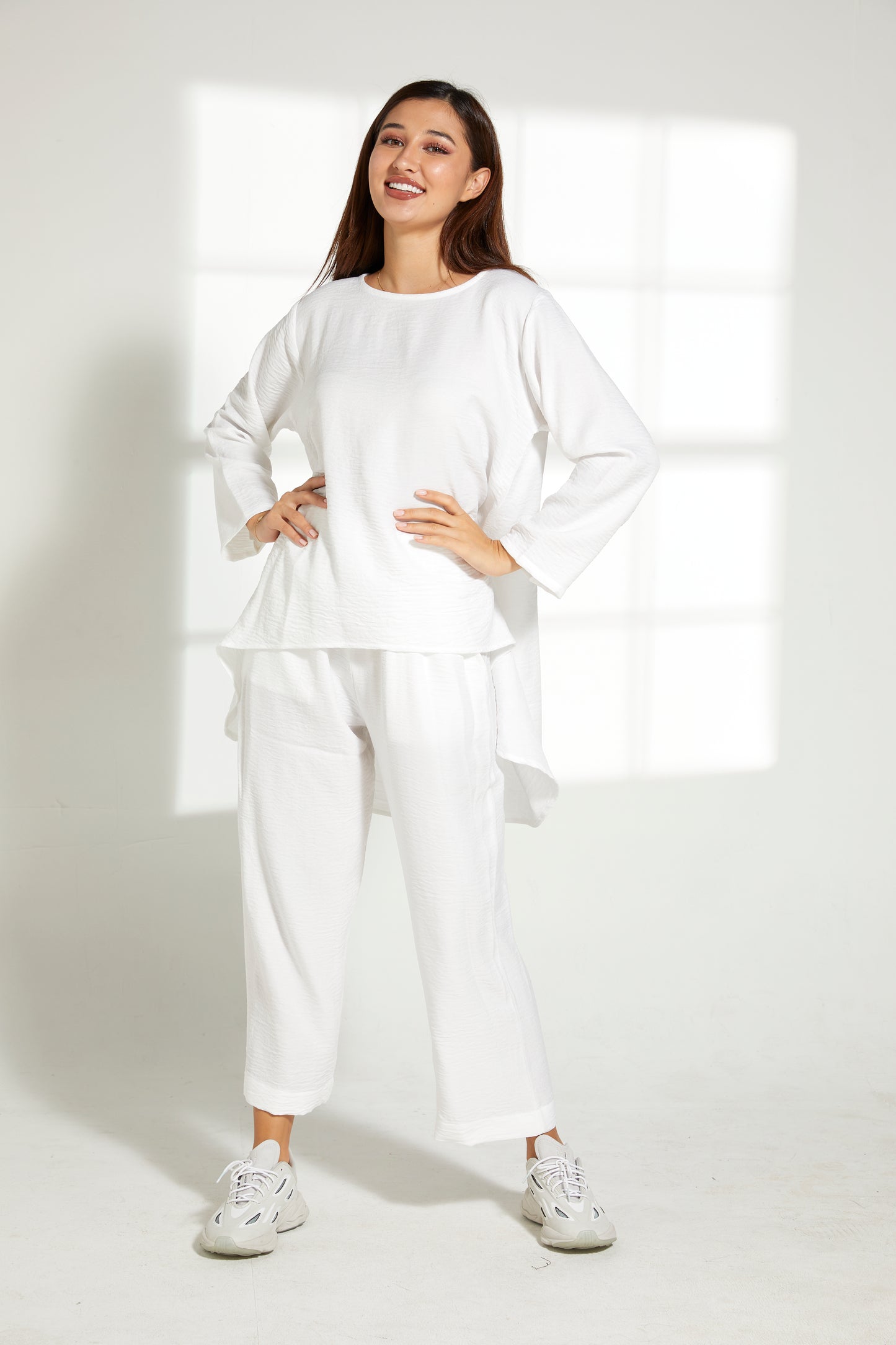 MOiSTREET White CEY Mélange Fabric With  Top And Pants Set (7821339951331)