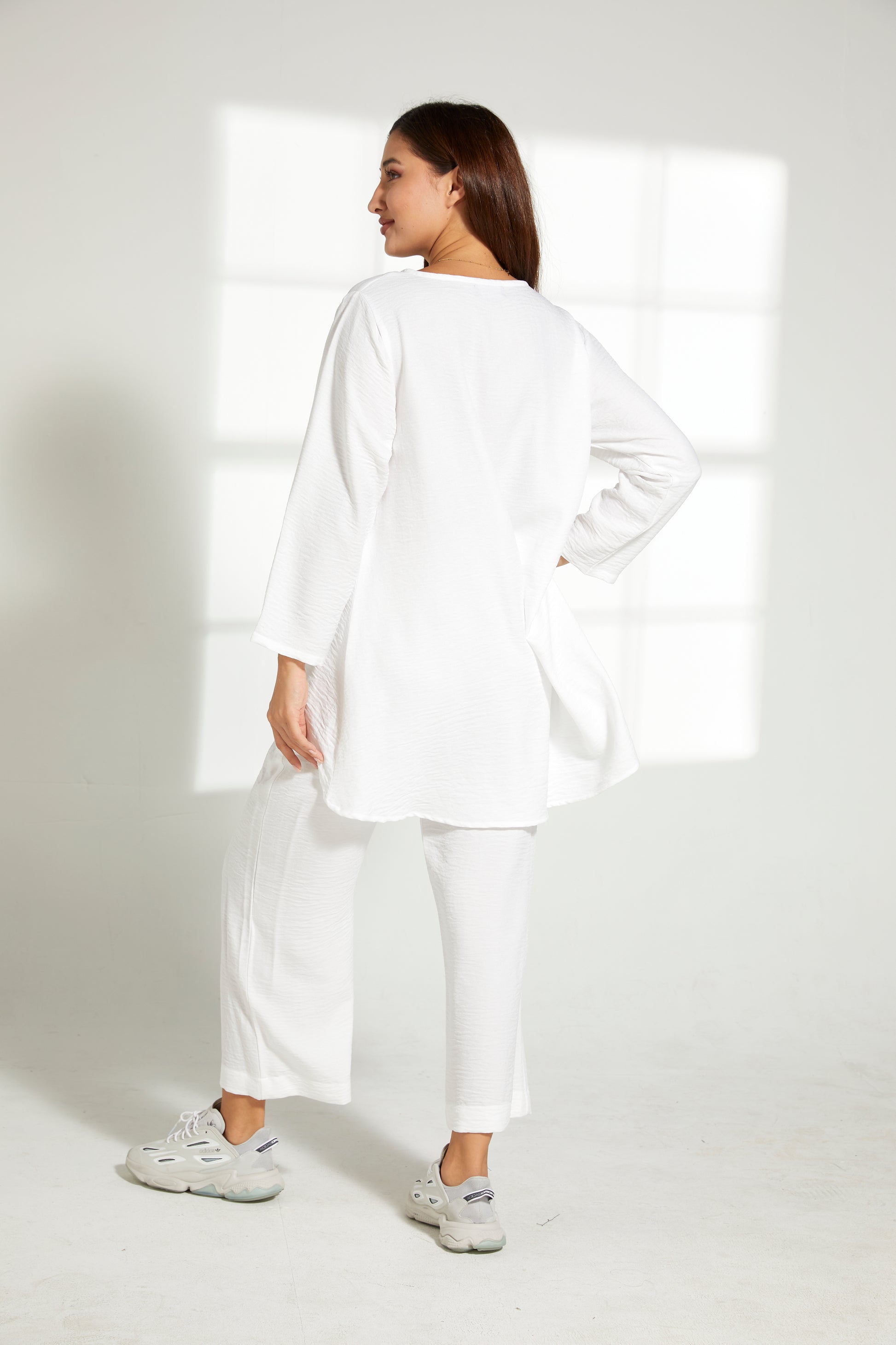 MOiSTREET White CEY Mélange Fabric With  Top And Pants Set (7821339951331)