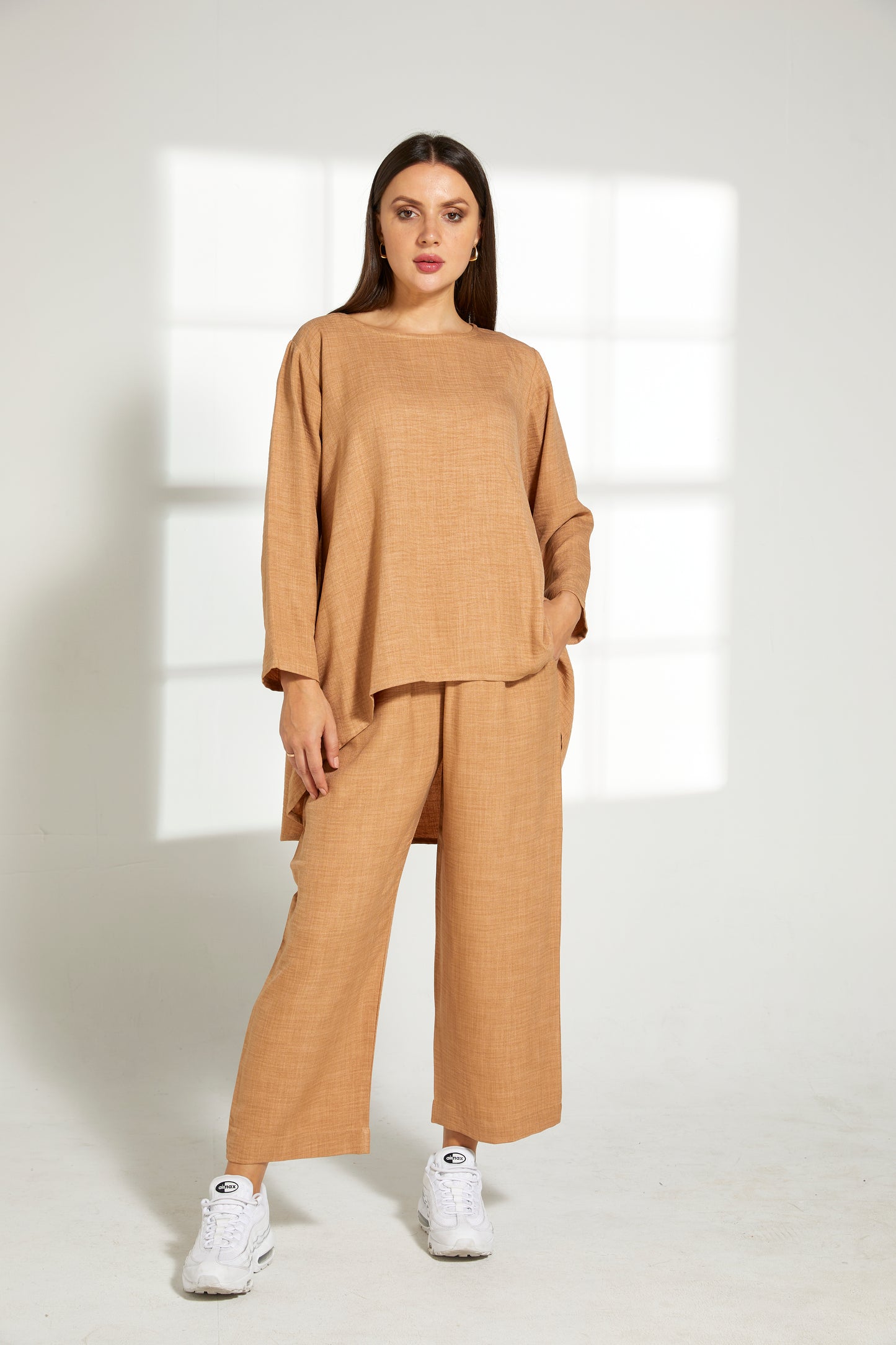 MOiSTREET TAN CEY Mélange Fabric With  Top And Pants Set (7821333561571)