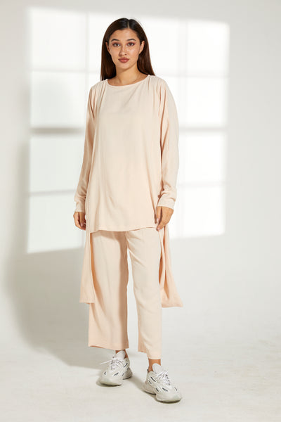 MOiSTREET Crème Color & CEY Mélange Fabric With  Top And Pants Set (7821651476707)