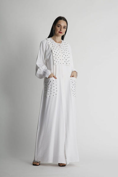 White Abaya with Black Rein Stone Embellishment (6701402980536)