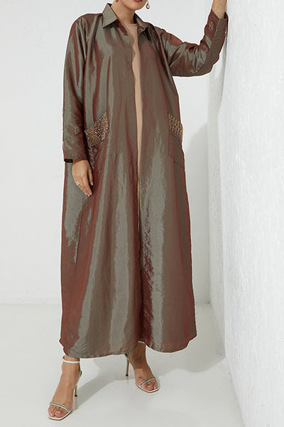 MOiSTREET Brown Shirt Collar Abaya With Front Pockets (7665497014499)