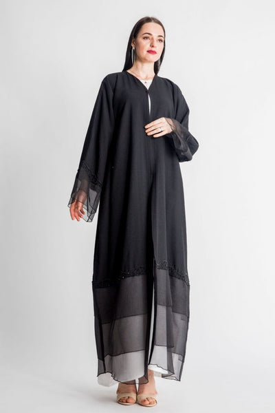 Black Embellished Abaya with layered organza sleeves and bottom (6701402587320)