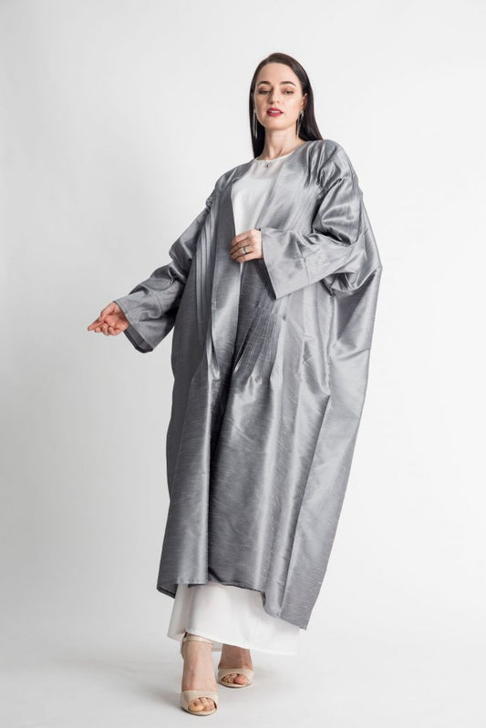 Metallic Grey Pleated Abaya (6701402915000)