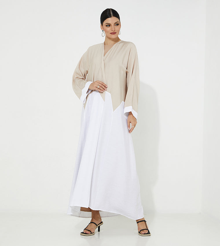 MOiSTREET  Beige And White Color block Abaya (7665541447907) عباية بيضاء