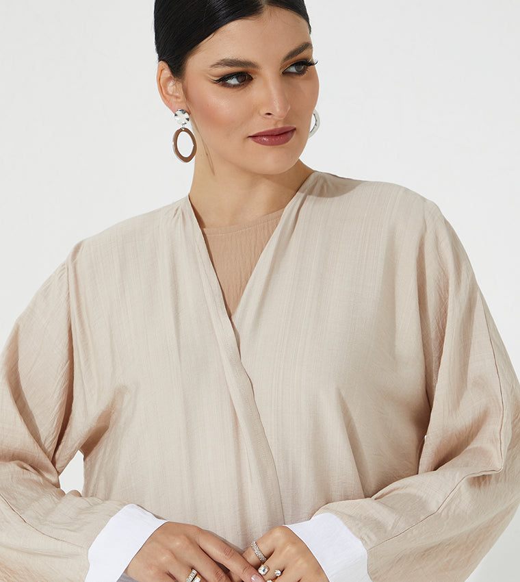 MOiSTREET  Beige And White Color block Abaya (7665541447907) عباية بيضاء