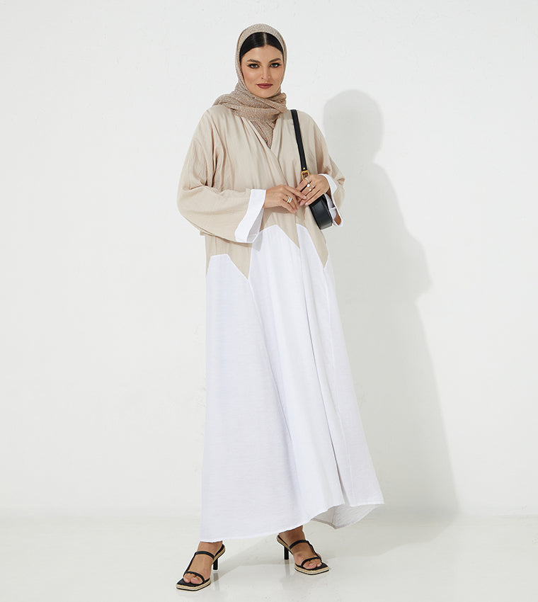 MOiSTREET  Beige And White Color block Abaya (7665541447907) عباية بيضاء