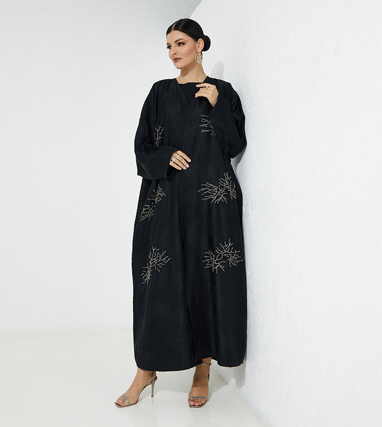 MOiSTREET  Black Jacquard Embroidered Abaya (7665582407907) عباية سوداء