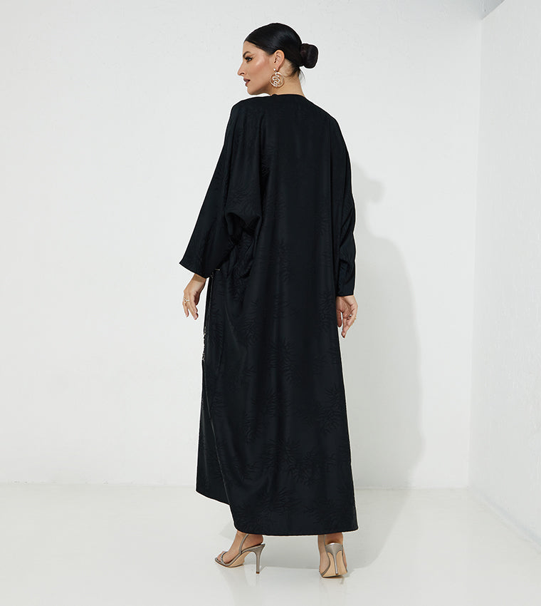 MOiSTREET  Black Jacquard Embroidered Abaya (7665582407907) عباية سوداء