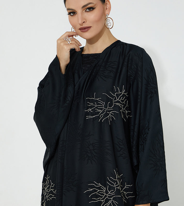 MOiSTREET  Black Jacquard Embroidered Abaya (7665582407907) عباية سوداء