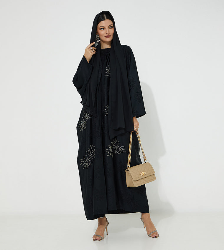 MOiSTREET  Black Jacquard Embroidered Abaya (7665582407907) عباية سوداء